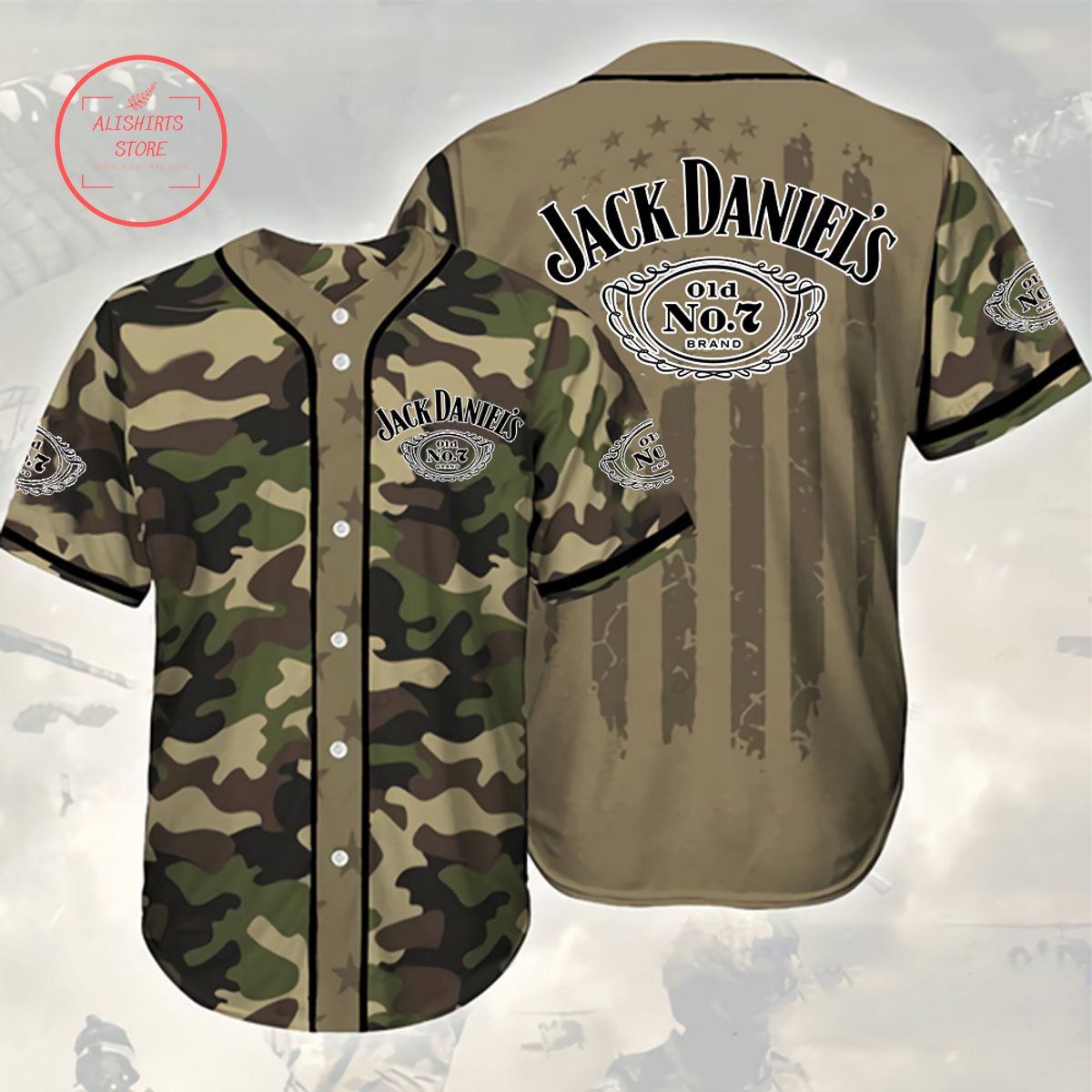Camouflage Green Brown Jack Daniels Baseball Jersey