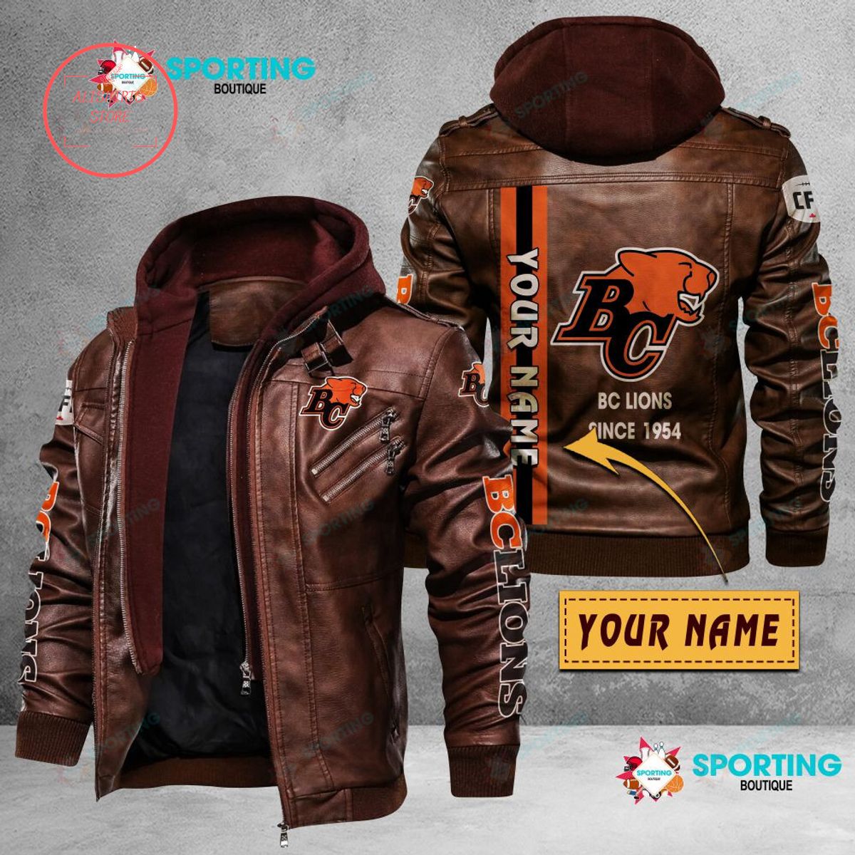CFL BC Lions FC Custom name Leather Jacket Hooded Fleece For Fan
