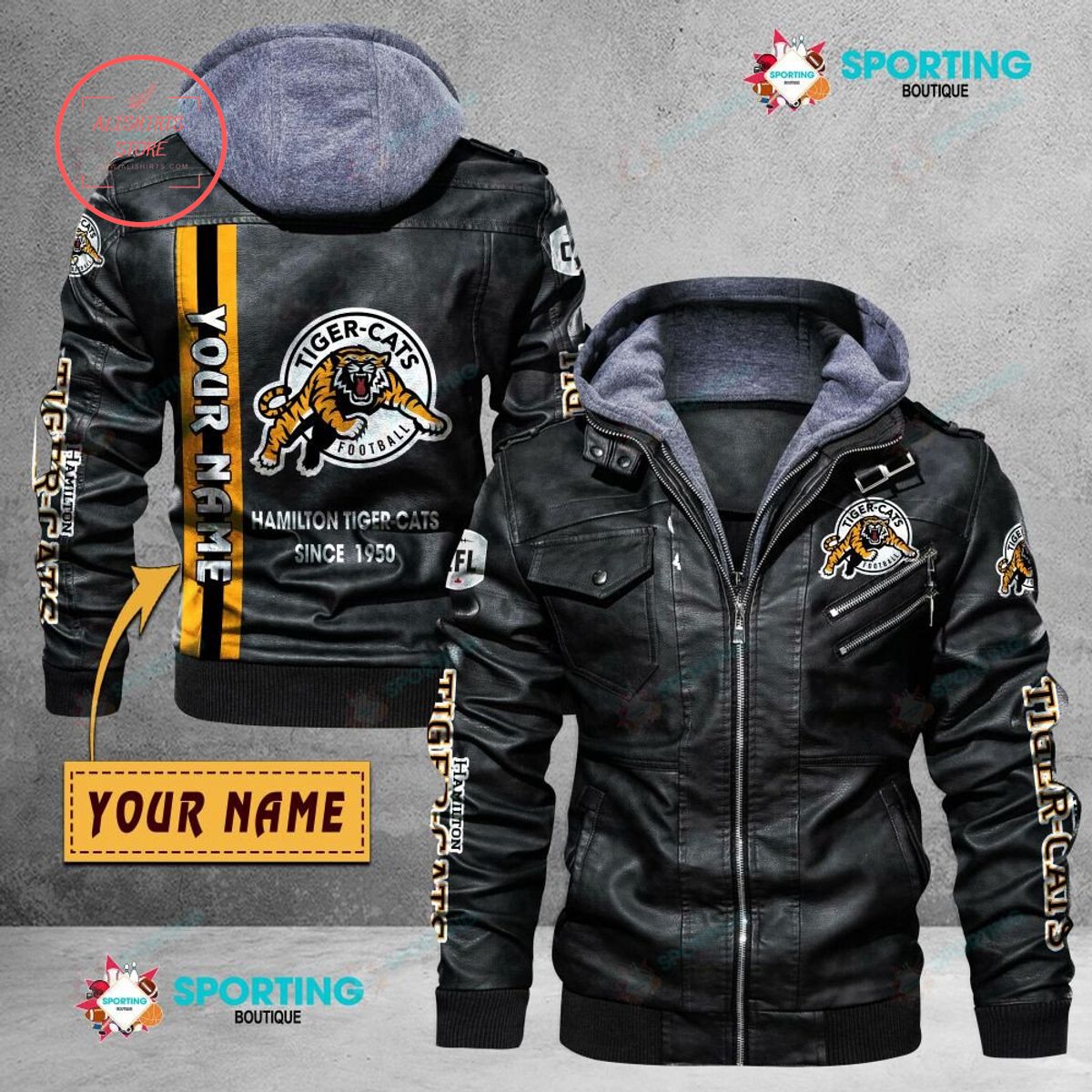 CFL Hamilton Tiger-Cats FC Custom name Leather Jacket Hooded Fleece For Fan