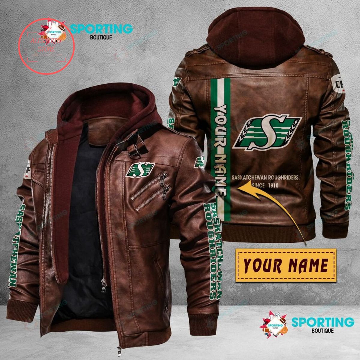 CFL Saskatchewan Roughriders FC Custom name Leather Jacket Hooded Fleece For Fan