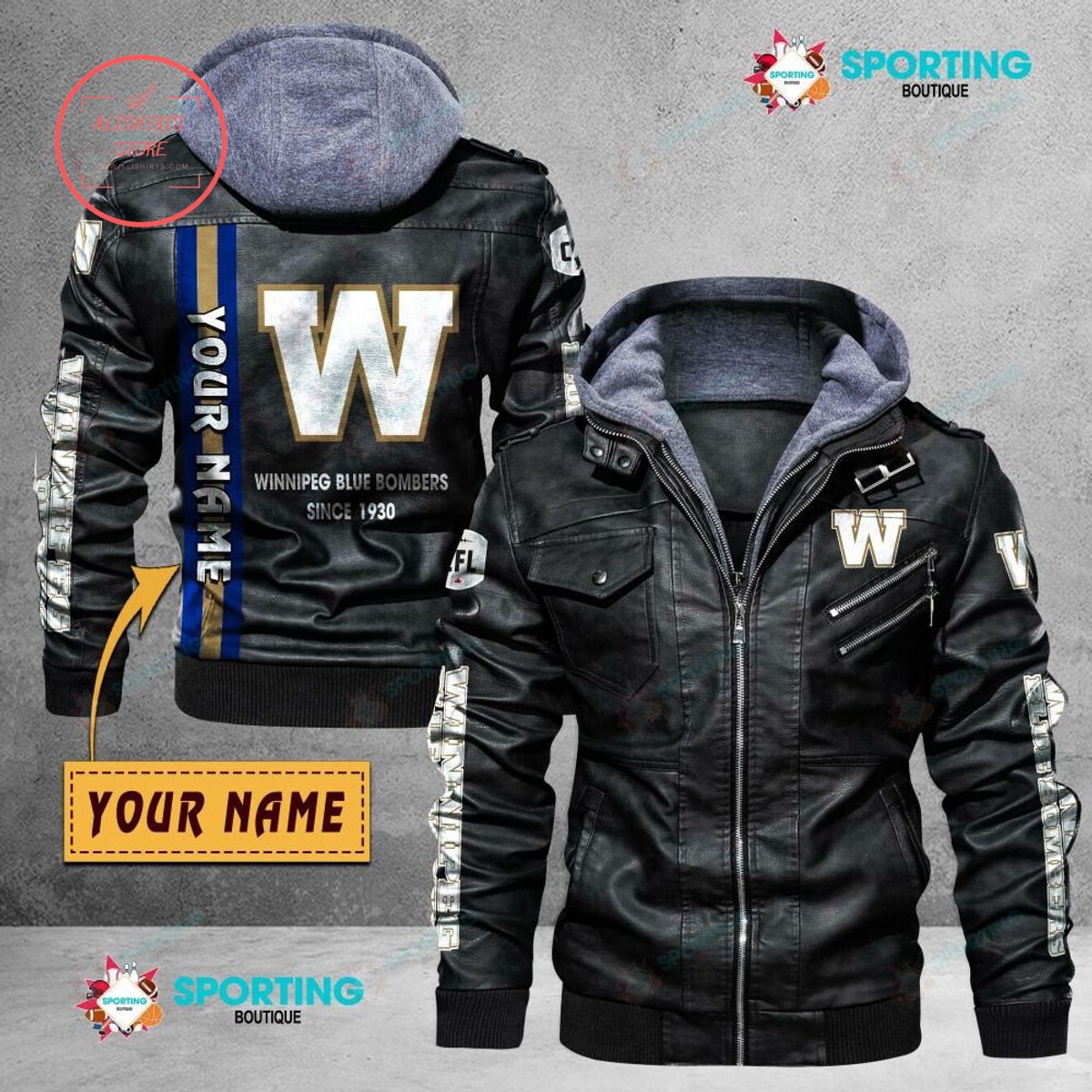 CFL Winnipeg Blue Bombers FC Custom name Leather Jacket Hooded Fleece For Fan