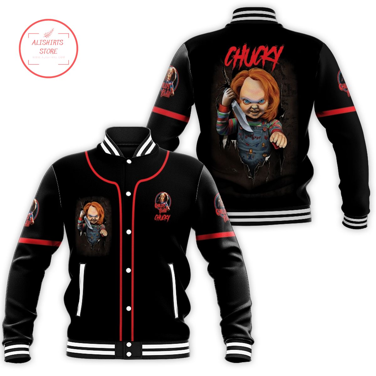 Chucky Childs Play Horror Killer Film Black Designed Chucky Halloween varsity jacket