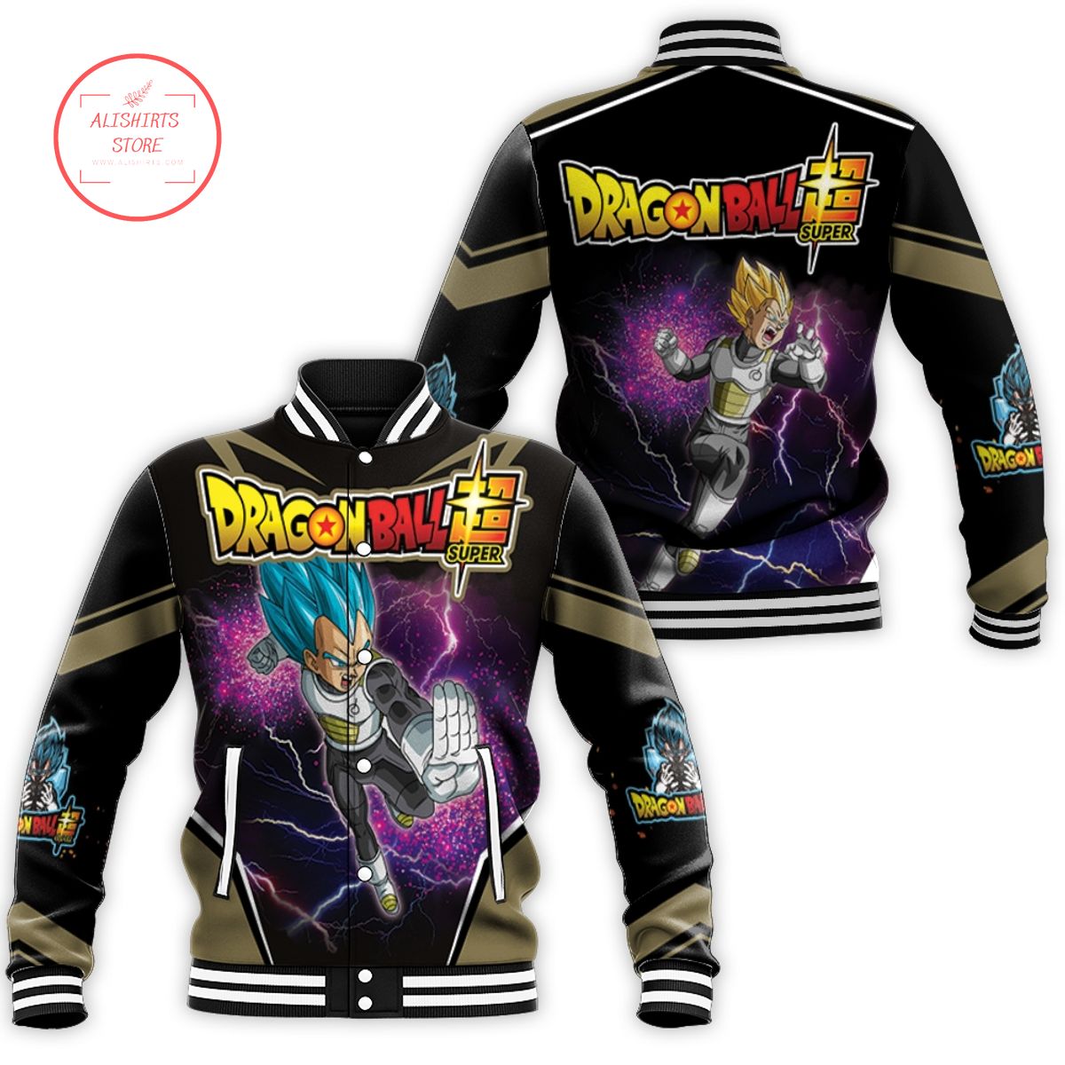 Dragon Balls Super Vegeta Super Saiyan Blue varsity jacket