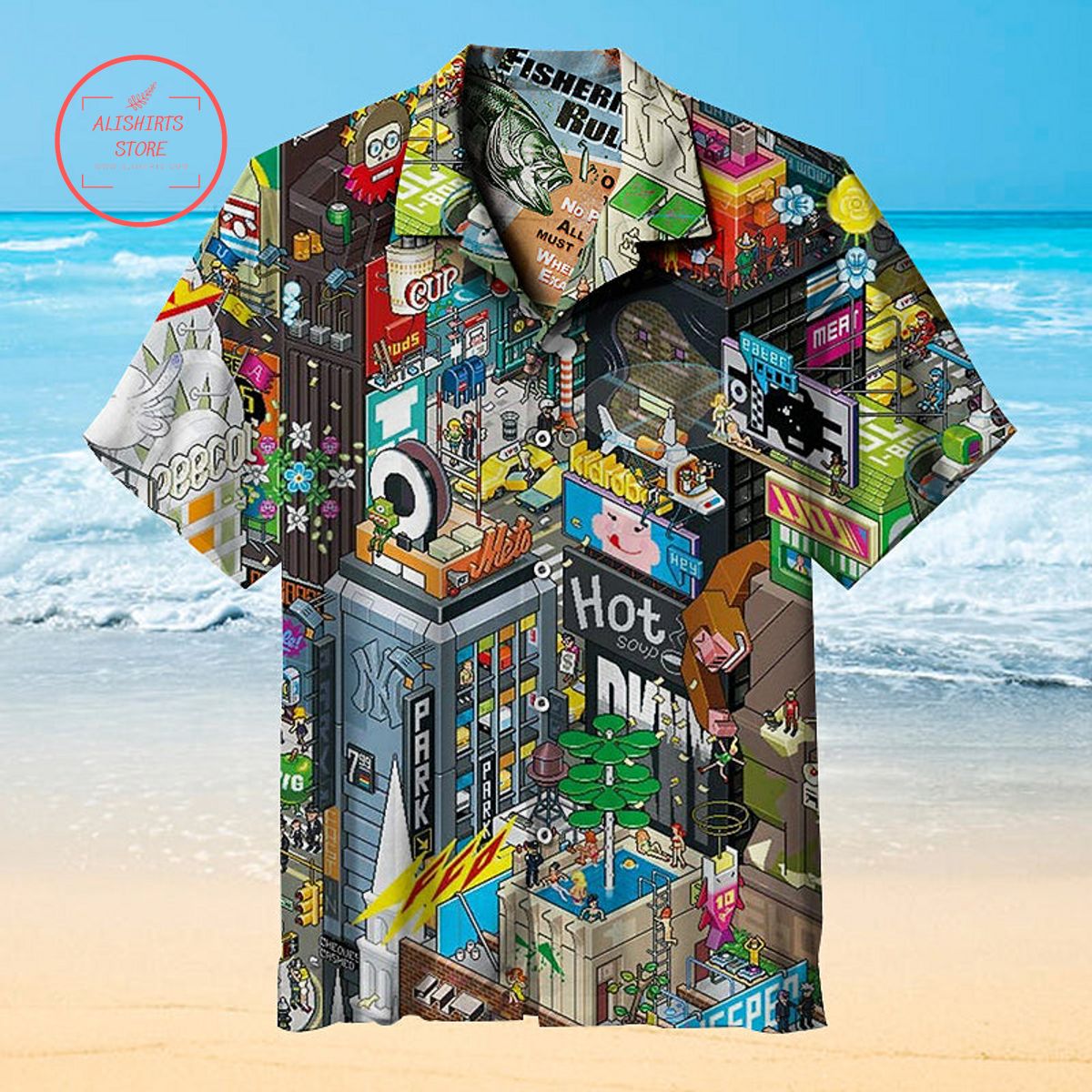 Explore the pixel-style New York Times Square Hawaiian Shirt