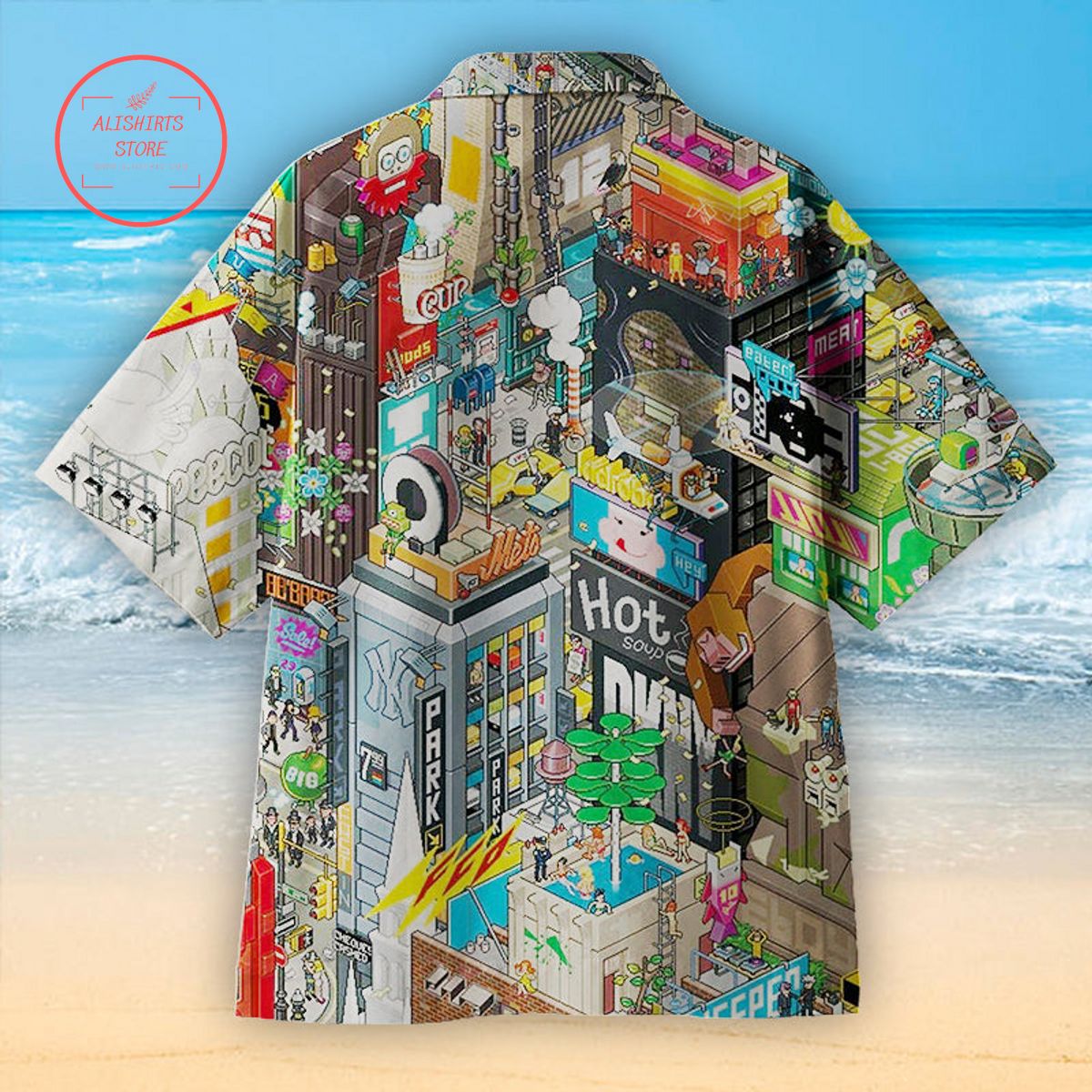 Explore the pixel-style New York Times Square Hawaiian Shirt