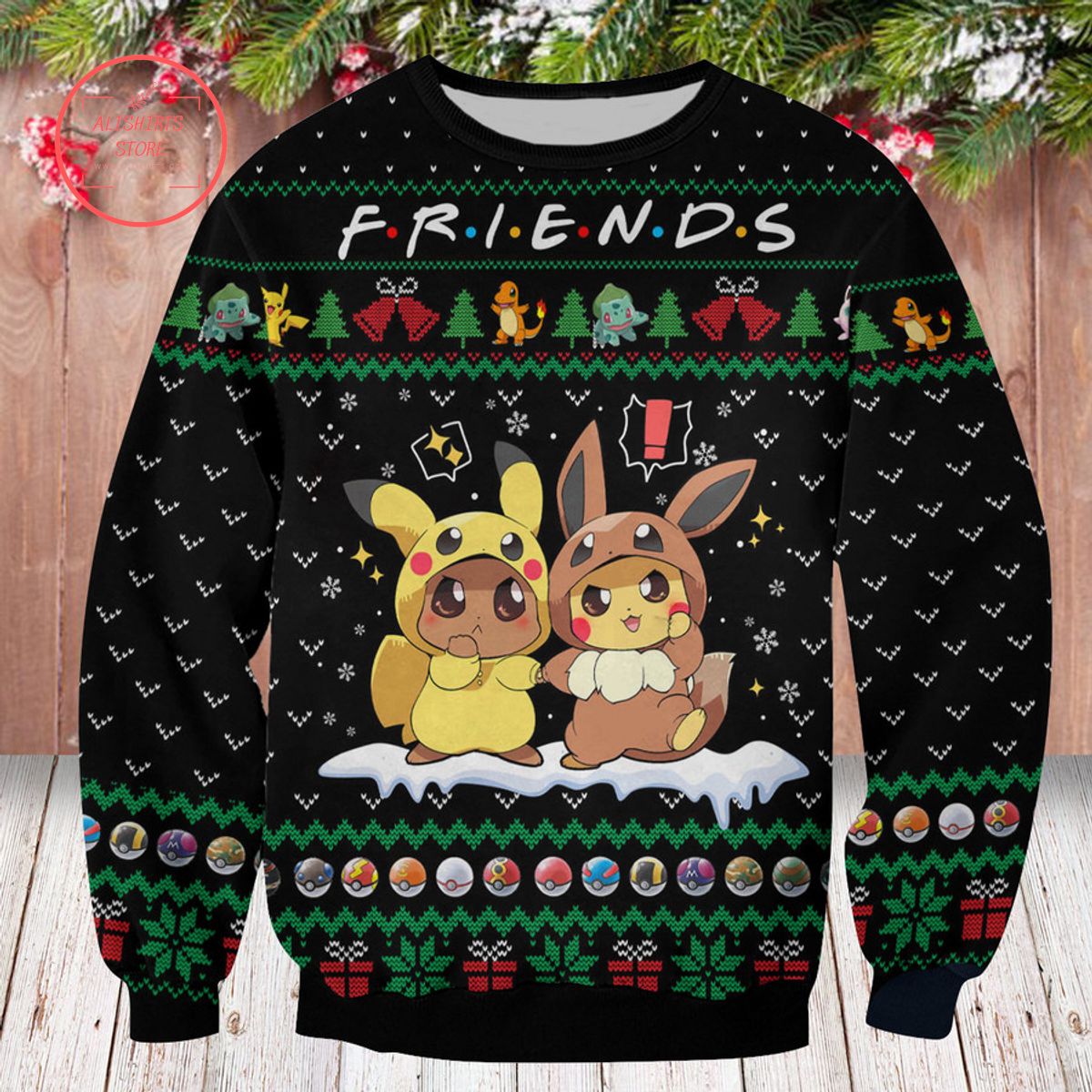 Friends Pikachu and Eevee Ugly Christmas Sweater