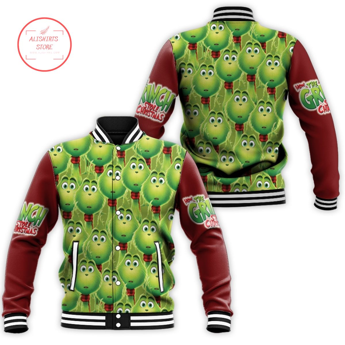 Grinch Chris as Lovely Baby Grinch Face Pattern varsity jacket