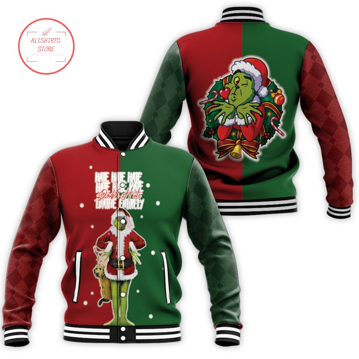 Grinch Christmas Double Hate Wreath Red Green varsity jacket