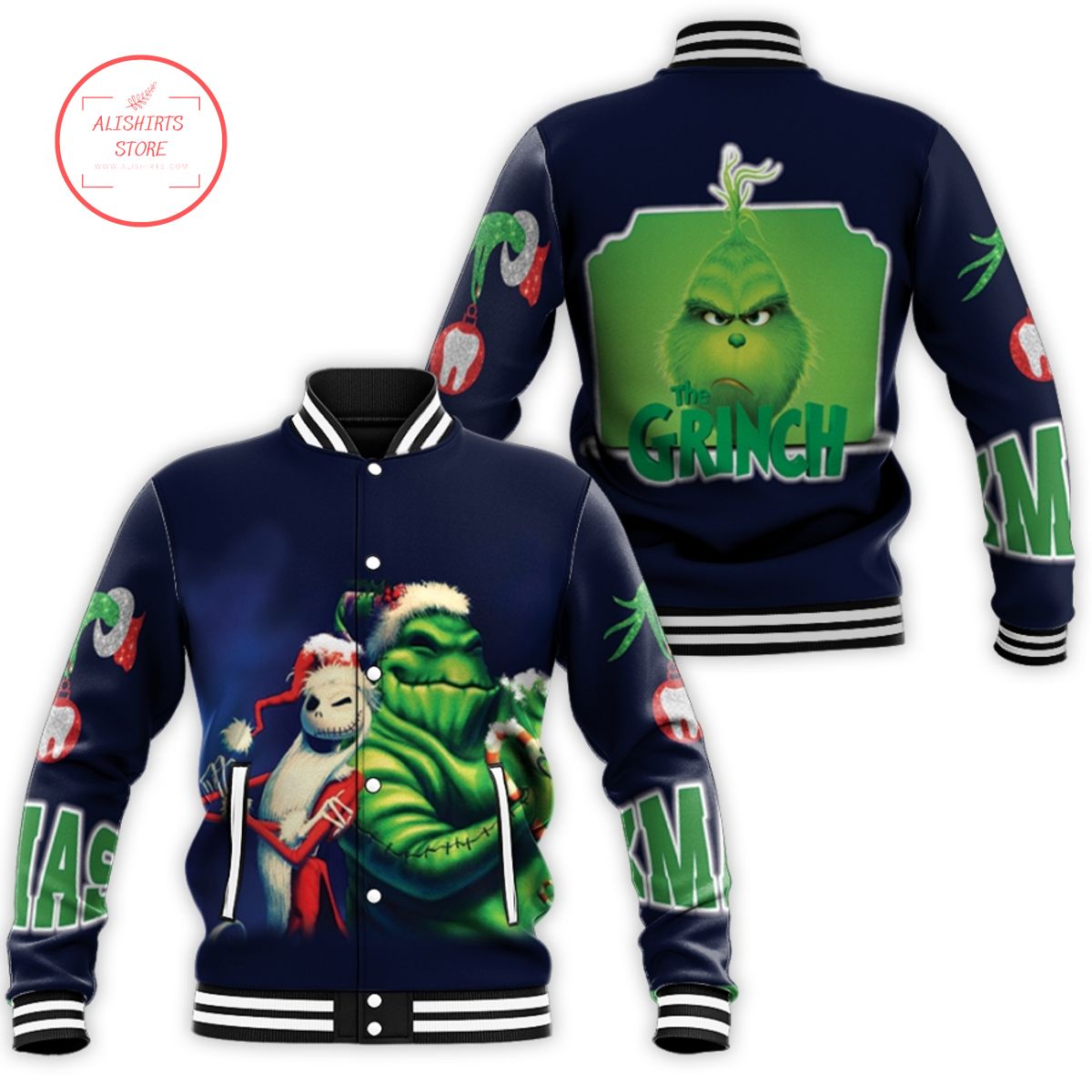 Grinch Merry Christmas Jack Skellington Black Grinch varsity jacket