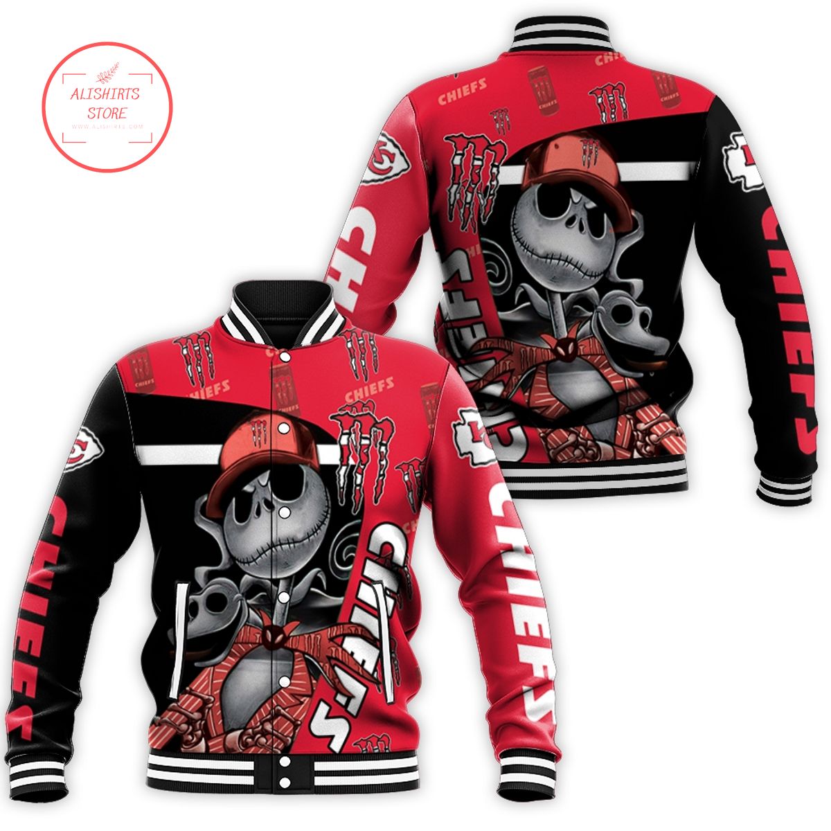 Jack Skellington Monster Energy Logo Kansas City Chief varsity jacket