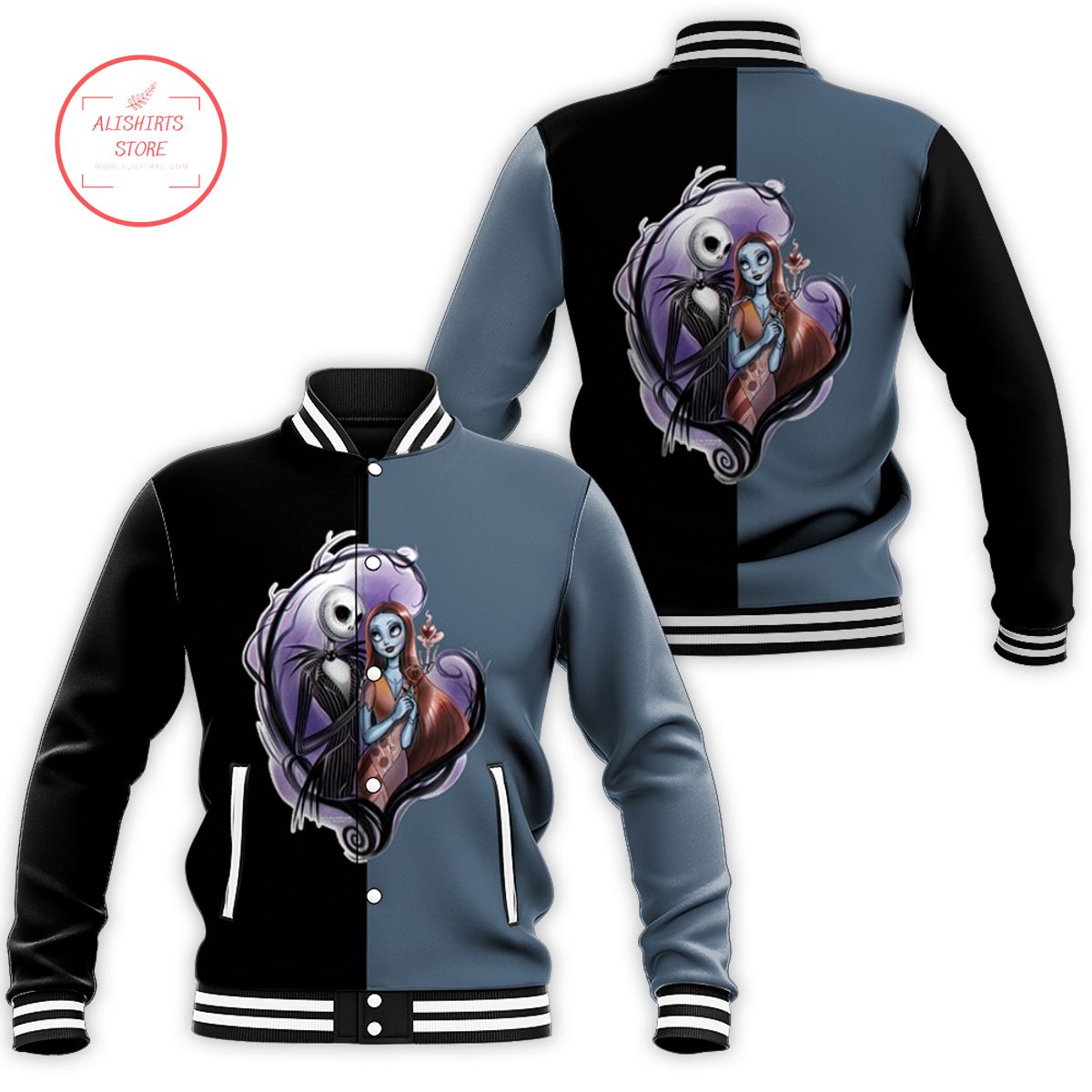 Jack Skellington Sally Love Nigh are Before Chris as Skellington Halloween varsity jacket