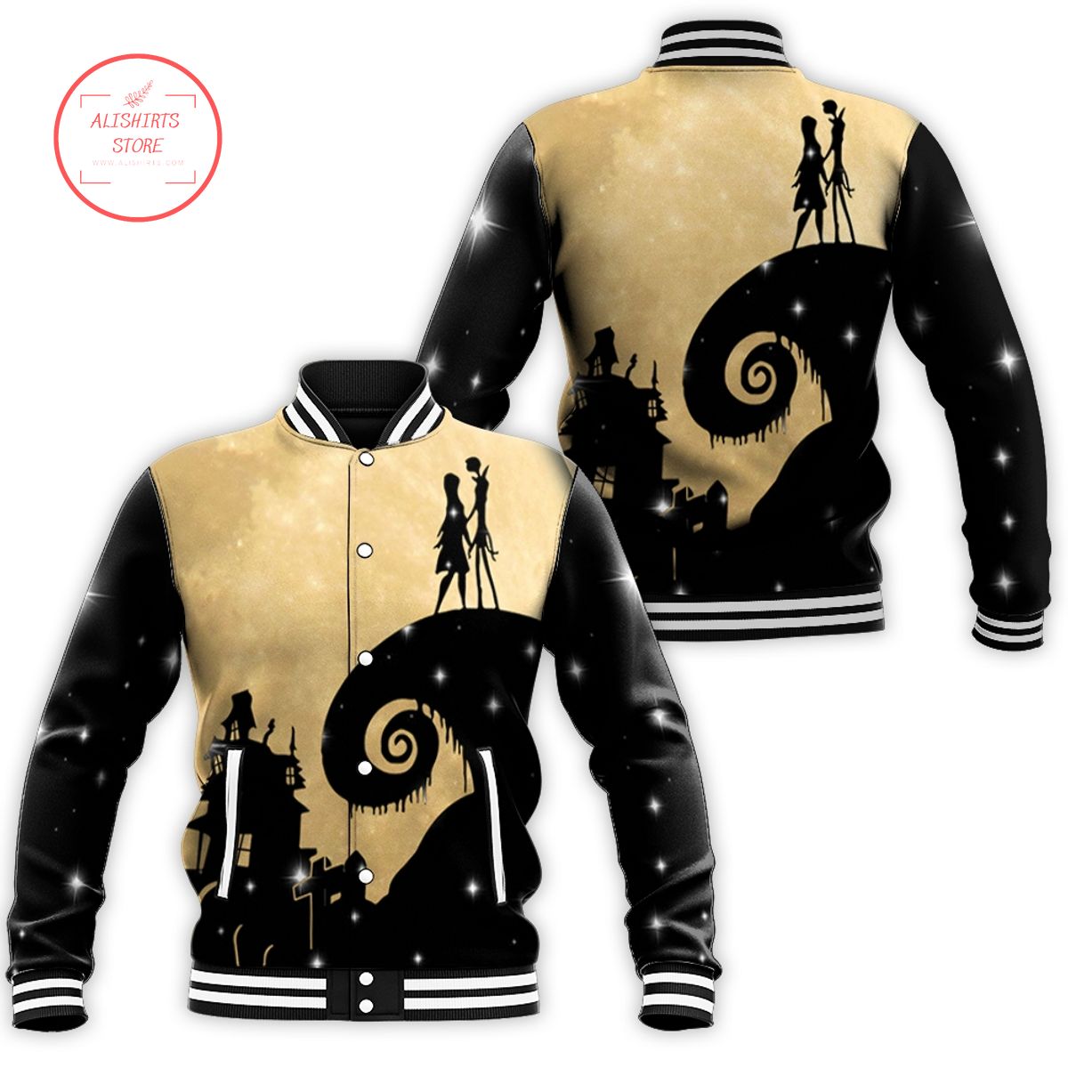 Jack Skellington Sally Nigh are Before Chris as Skellington Halloween varsity jacket