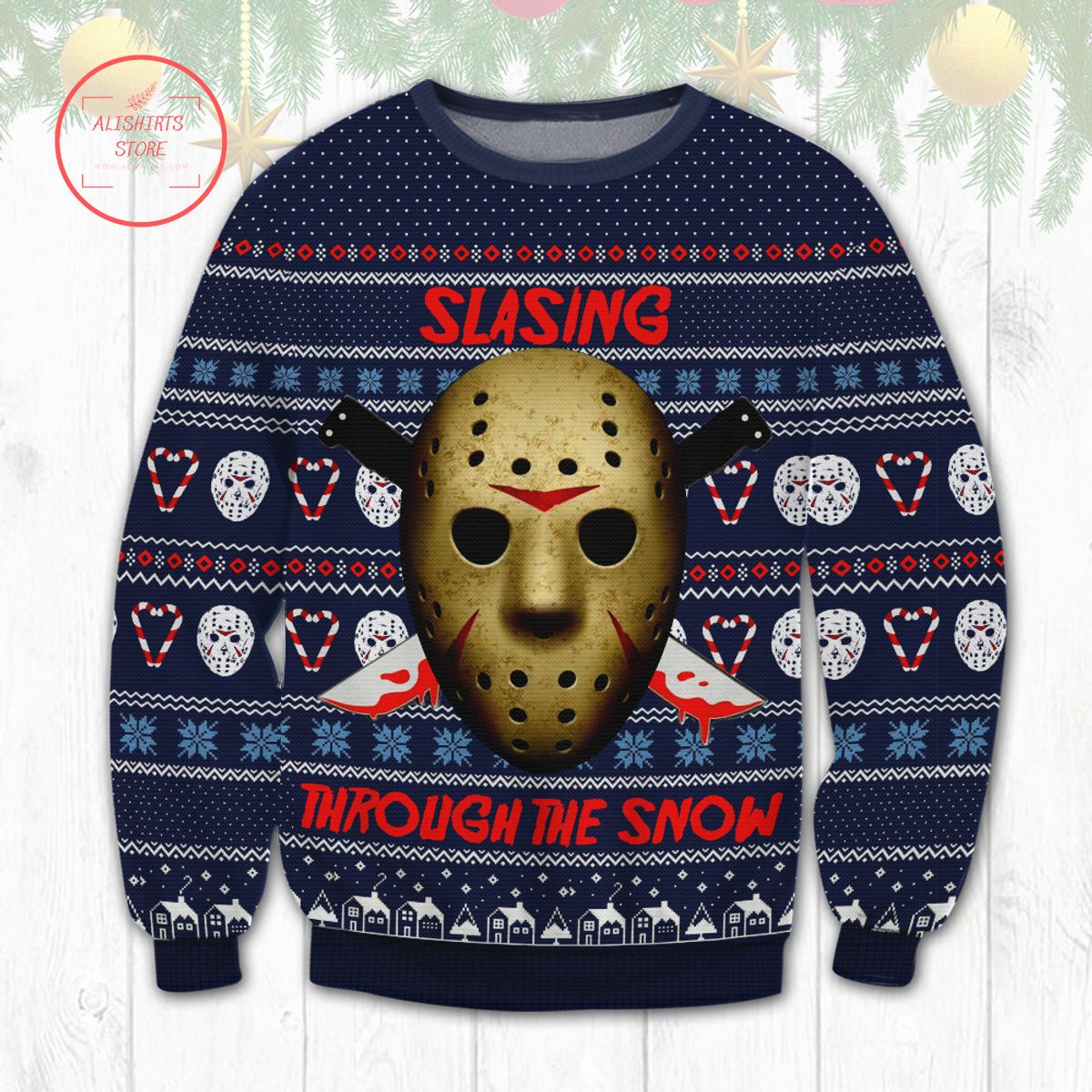 Jason Voorhees Slasing Through The Snow Ugly Christmas Sweater