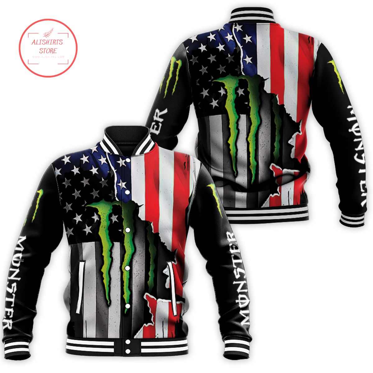 Monster Energy Ripped In American Flag varsity jacket