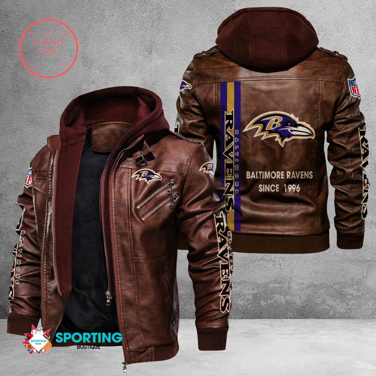 NFL Baltimore Ravens Logo Custom name Leather Jacket Hooded Fleece For Fan