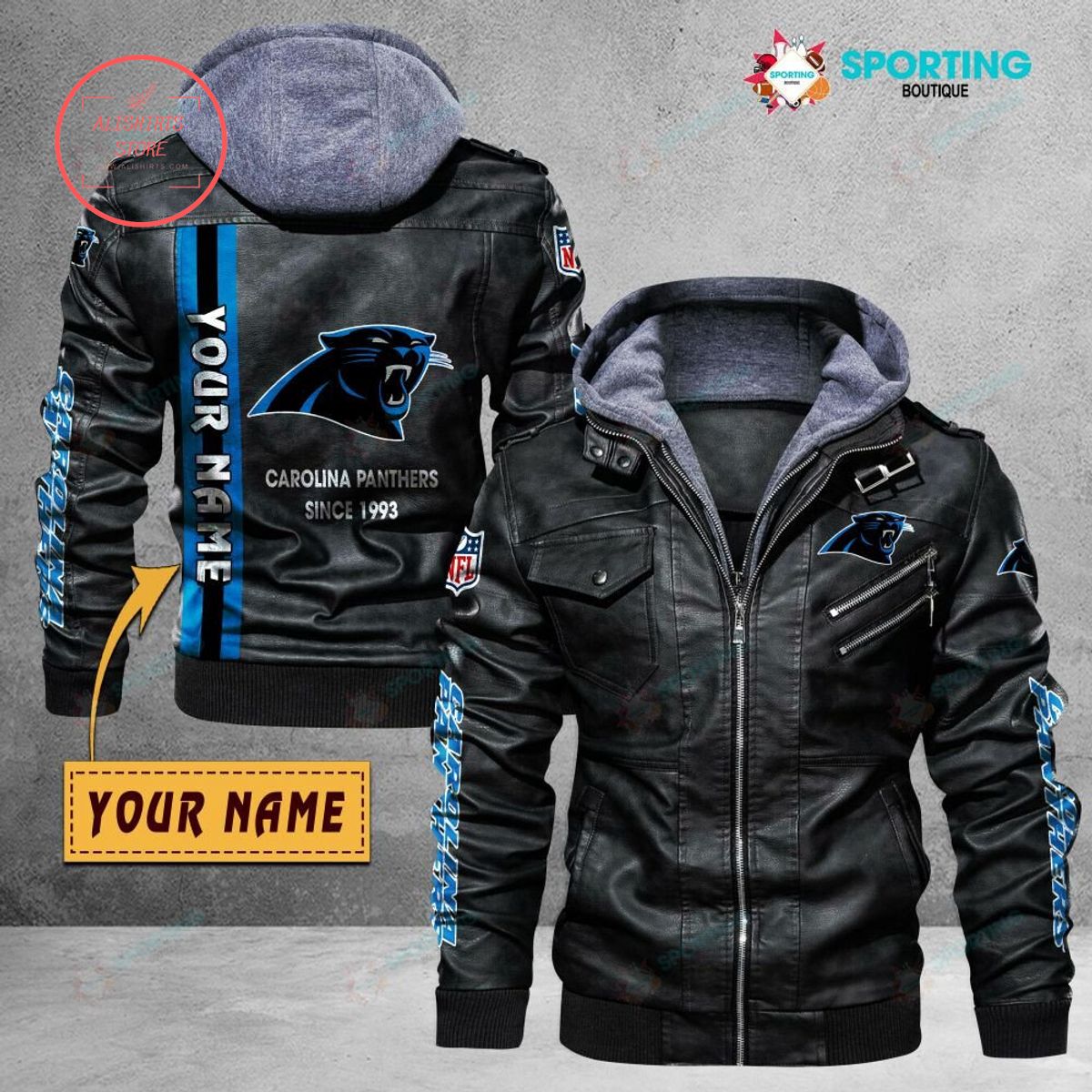 NFL Carolina Panthers Logo Custom name Leather Jacket Hooded Fleece For Fan