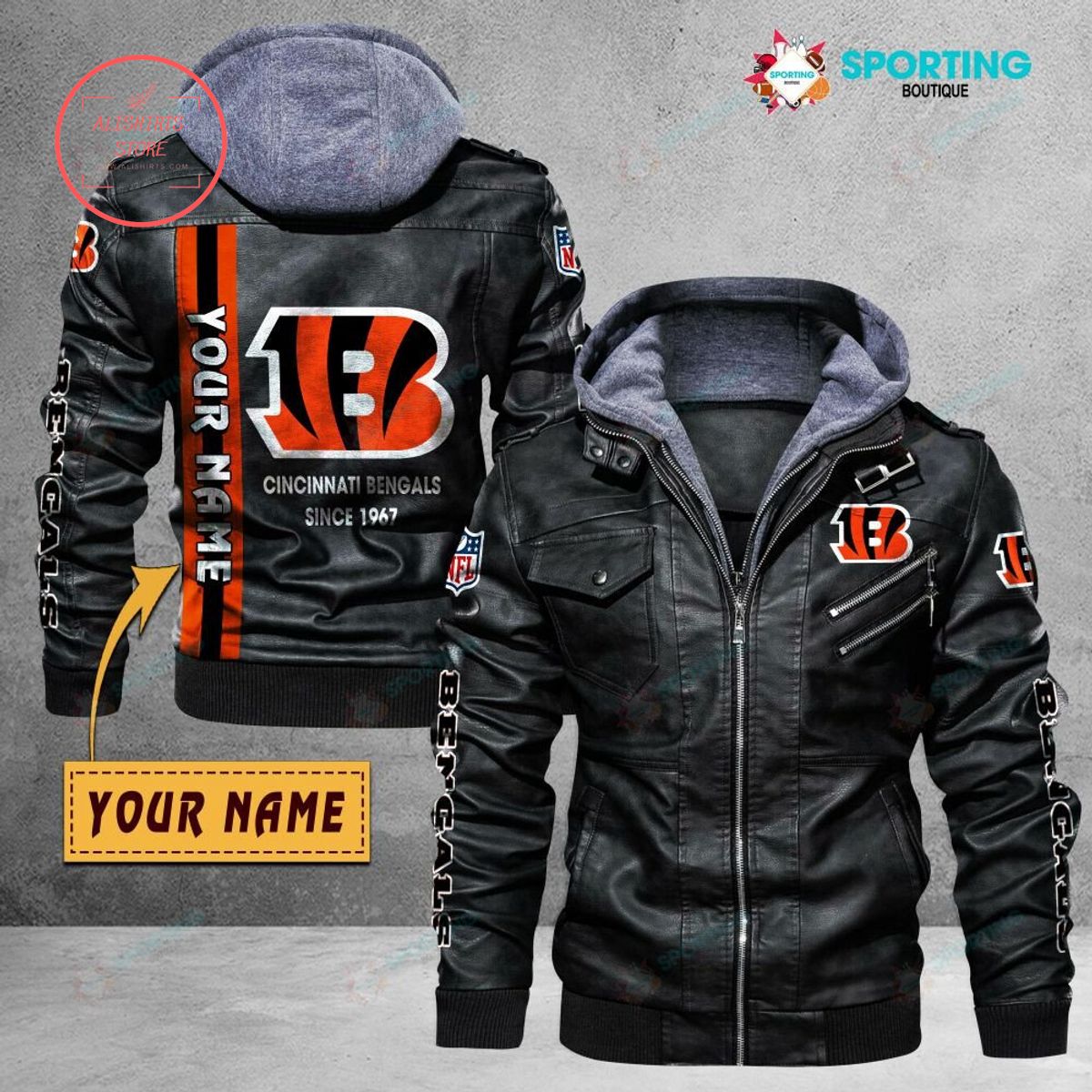NFL Cincinnati Bengals Logo Custom name Leather Jacket Hooded Fleece For Fan
