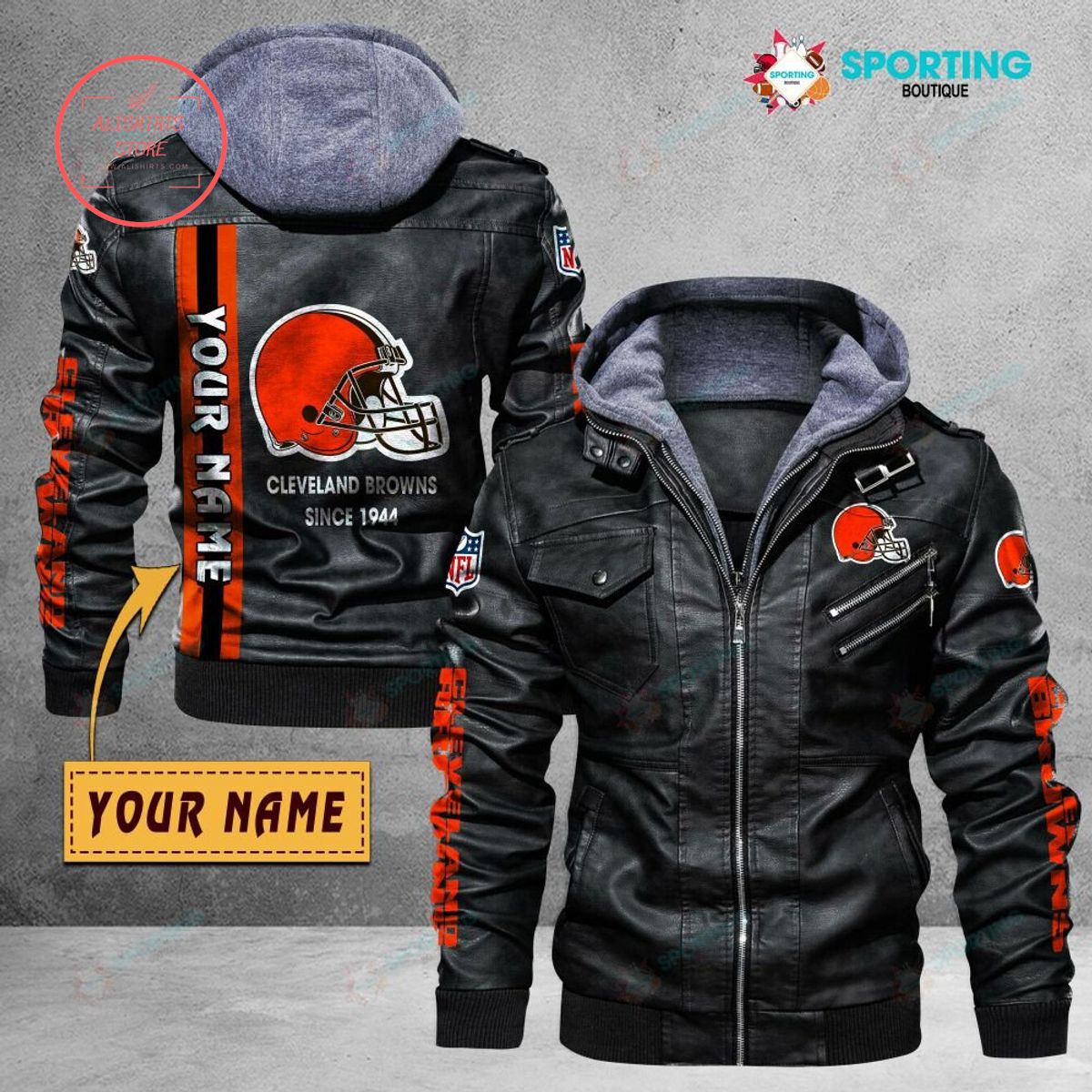NFL Cleveland Browns Logo Custom name Leather Jacket Hooded Fleece For Fan