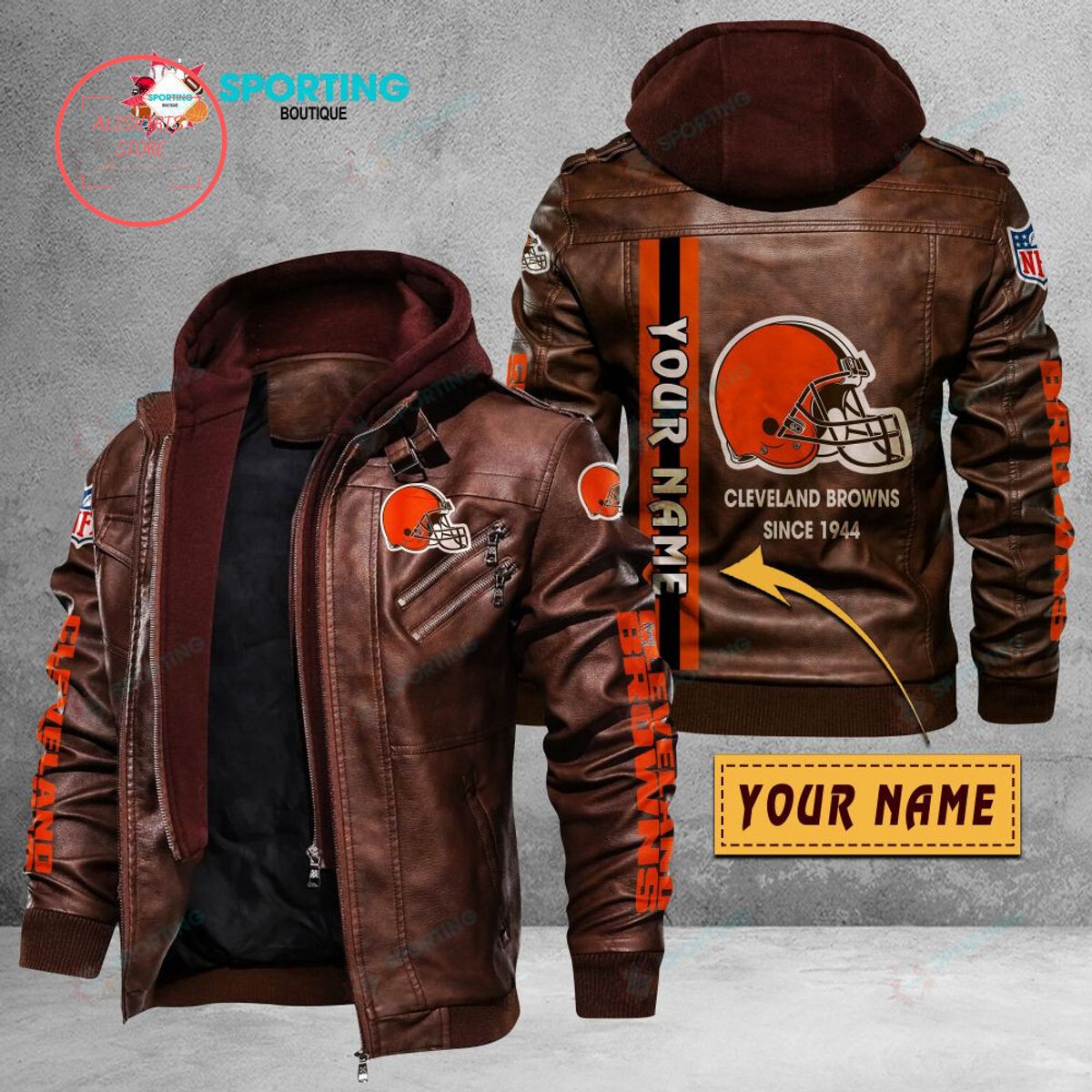 NFL Cleveland Browns Logo Custom name Leather Jacket Hooded Fleece For Fan
