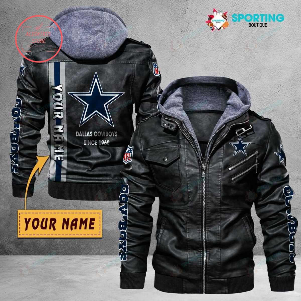 NFL Dallas Cowboys Logo Custom name Leather Jacket Hooded Fleece For Fan
