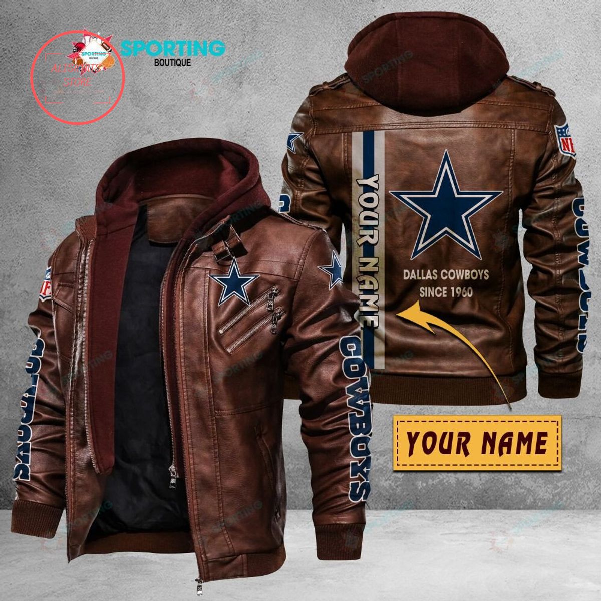 NFL Dallas Cowboys Logo Custom name Leather Jacket Hooded Fleece For Fan