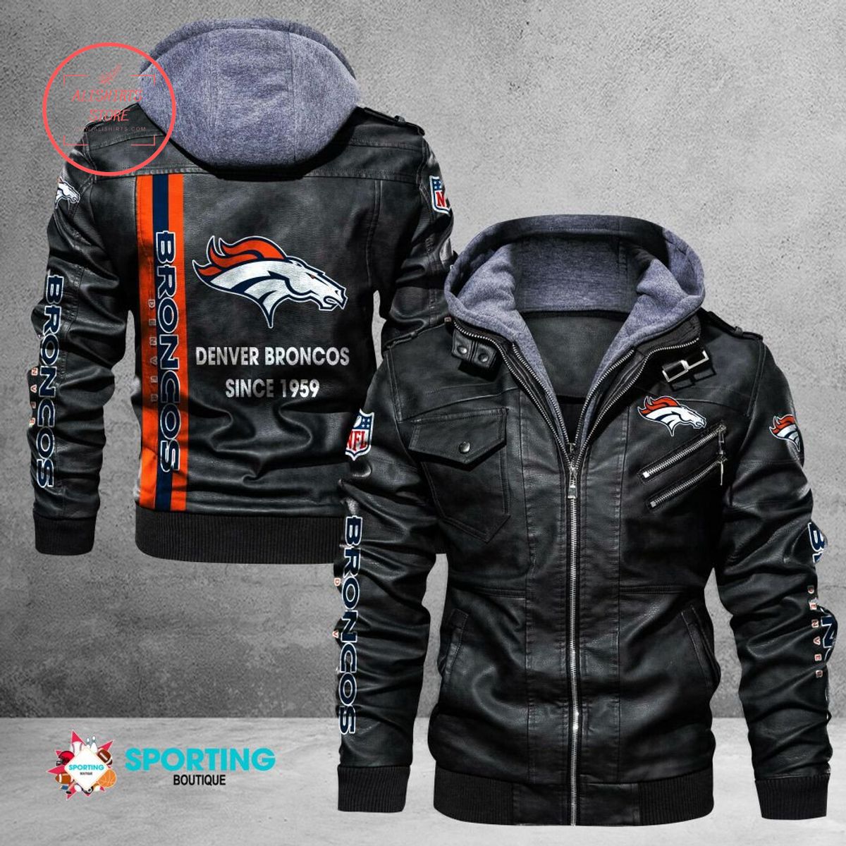 NFL Denver Broncos Logo Custom name Leather Jacket Hooded Fleece For Fan