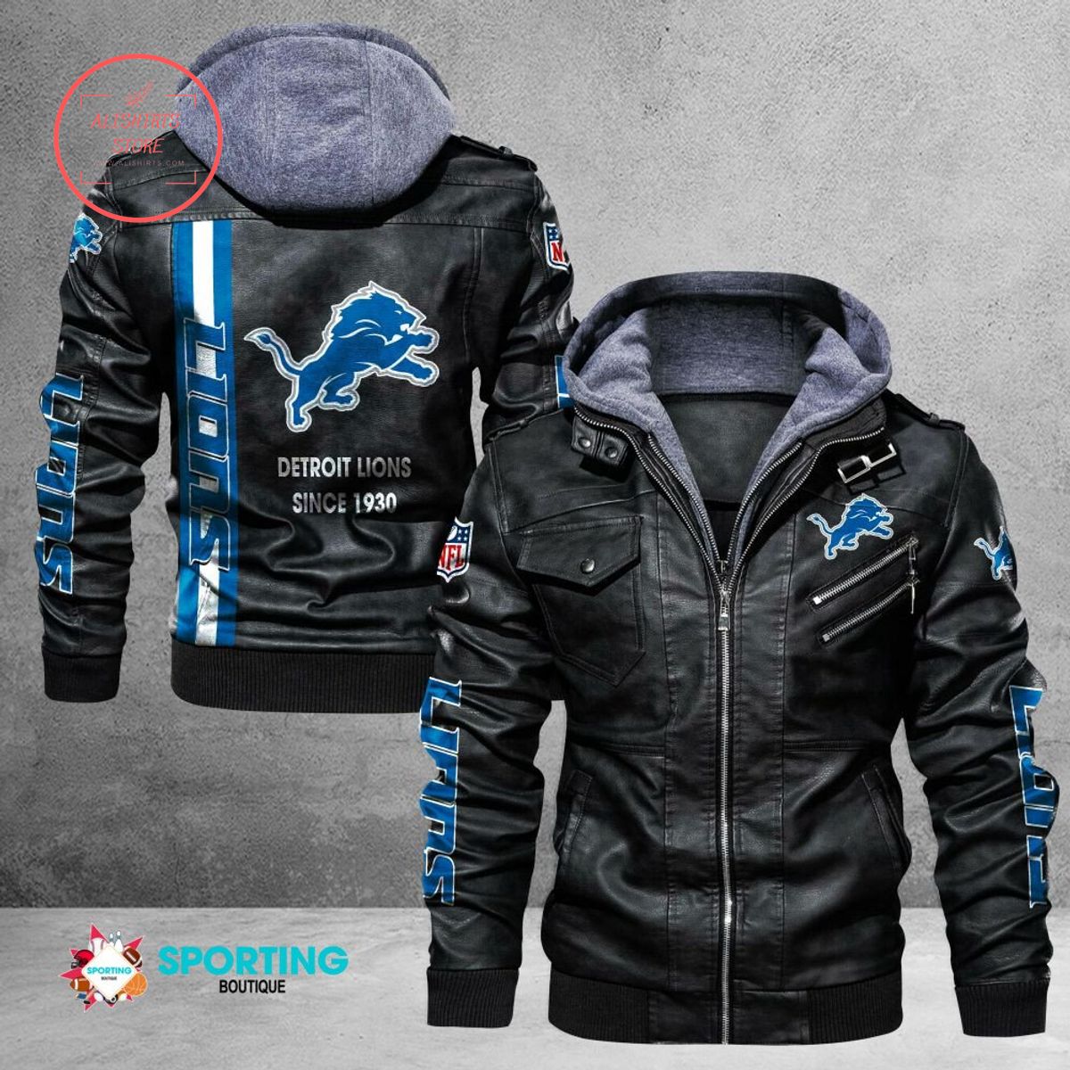 NFL Detroit Lions Logo Custom name Leather Jacket Hooded Fleece For Fan