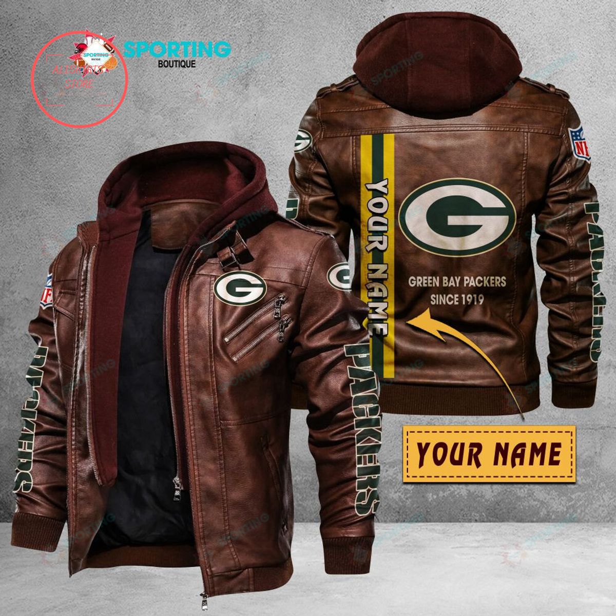 NFL Green Bay Packers Logo Custom name Leather Jacket Hooded Fleece For Fan
