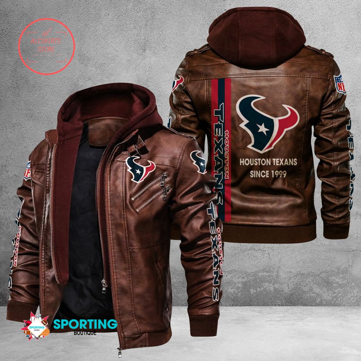 NFL Houston Texans Logo Custom name Leather Jacket Hooded Fleece For Fan