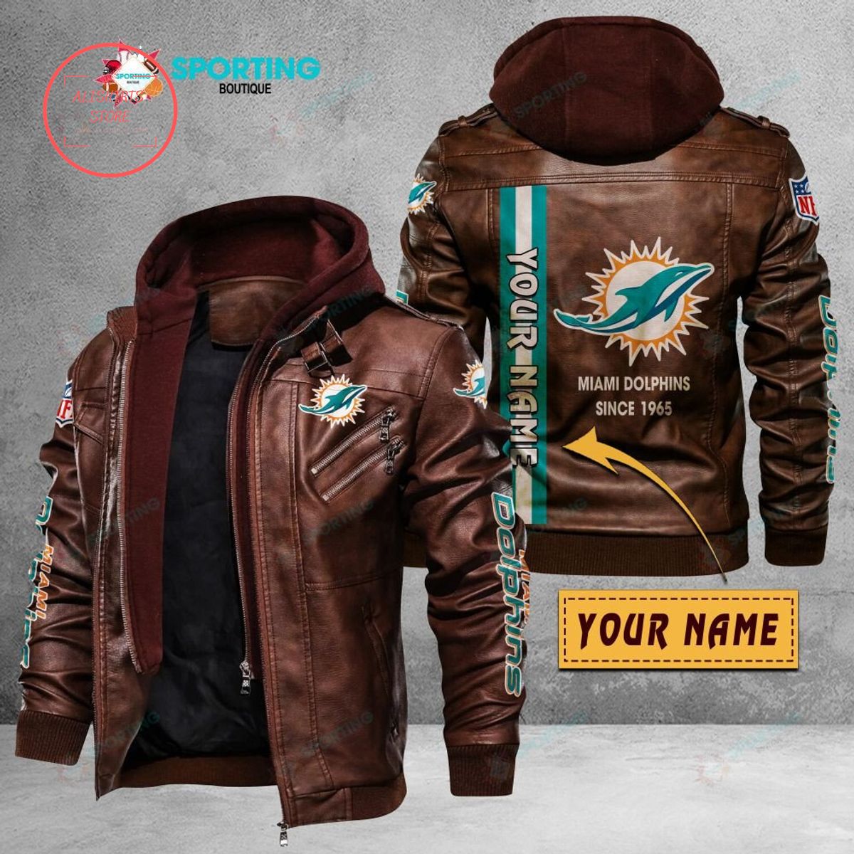 NFL Miami Dolphins Logo Custom name Leather Jacket Hooded Fleece For Fan
