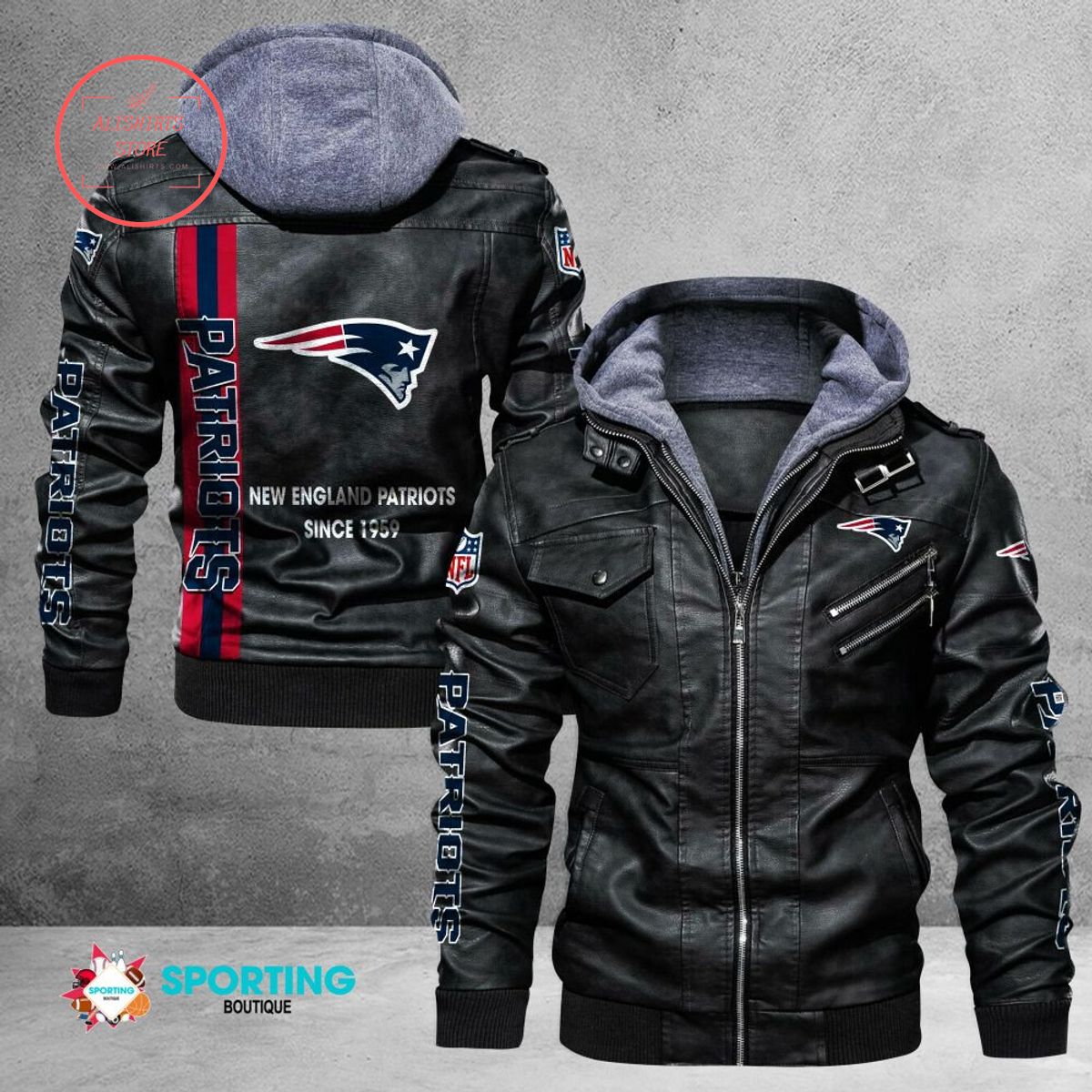 NFL New England Patriots Logo Custom name Leather Jacket Hooded Fleece For Fan