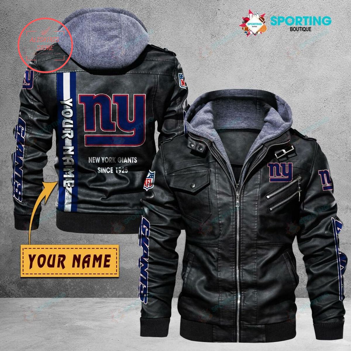 NFL New York Giants Logo Custom name Leather Jacket Hooded Fleece For Fan