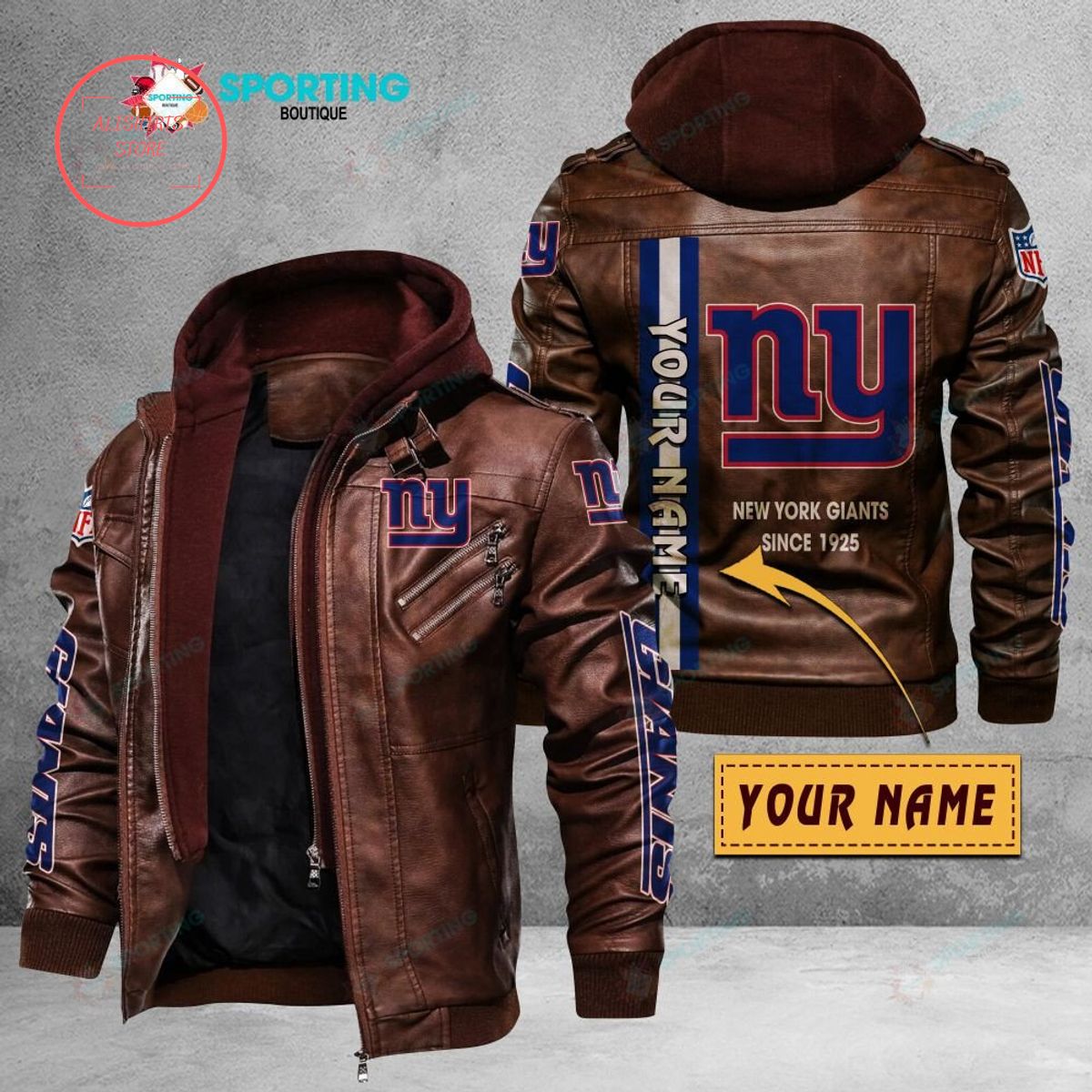NFL New York Giants Logo Custom name Leather Jacket Hooded Fleece For Fan