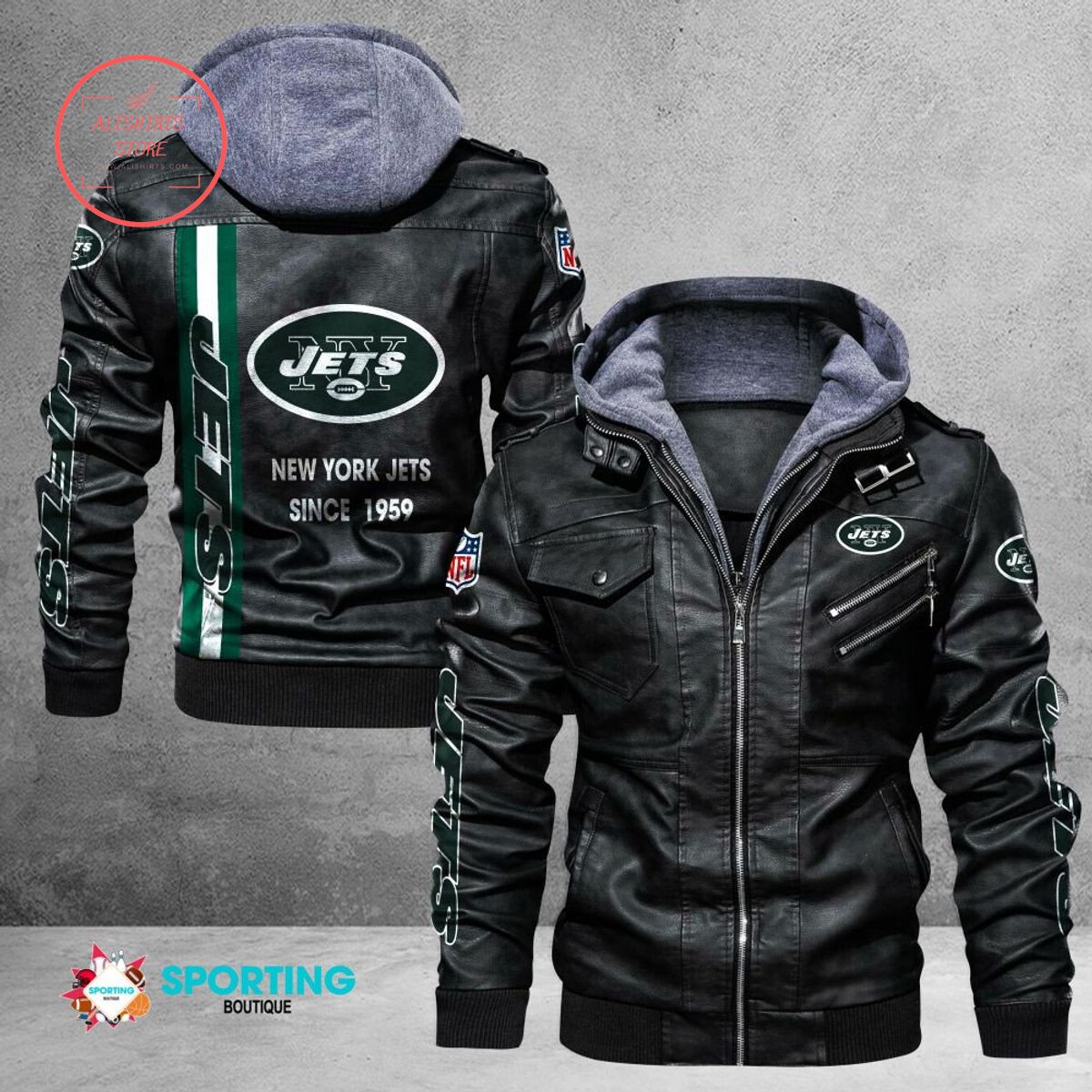 NFL New York Jets Logo Custom name Leather Jacket Hooded Fleece For Fan
