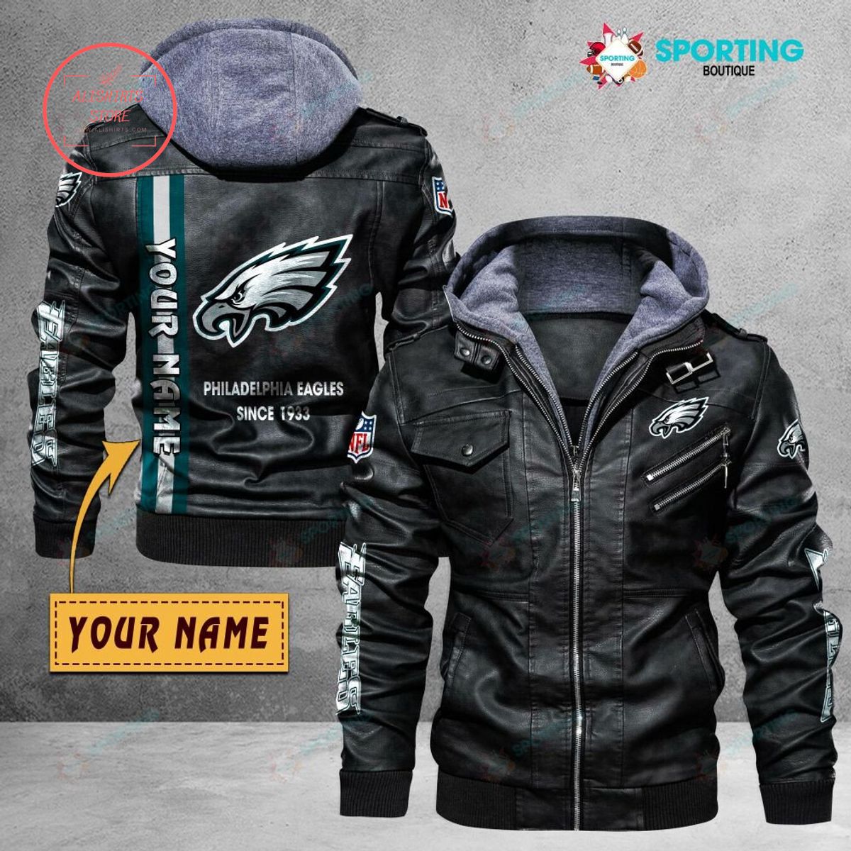 NFL Philadelphia Eagles Logo Custom name Leather Jacket Hooded Fleece For Fan