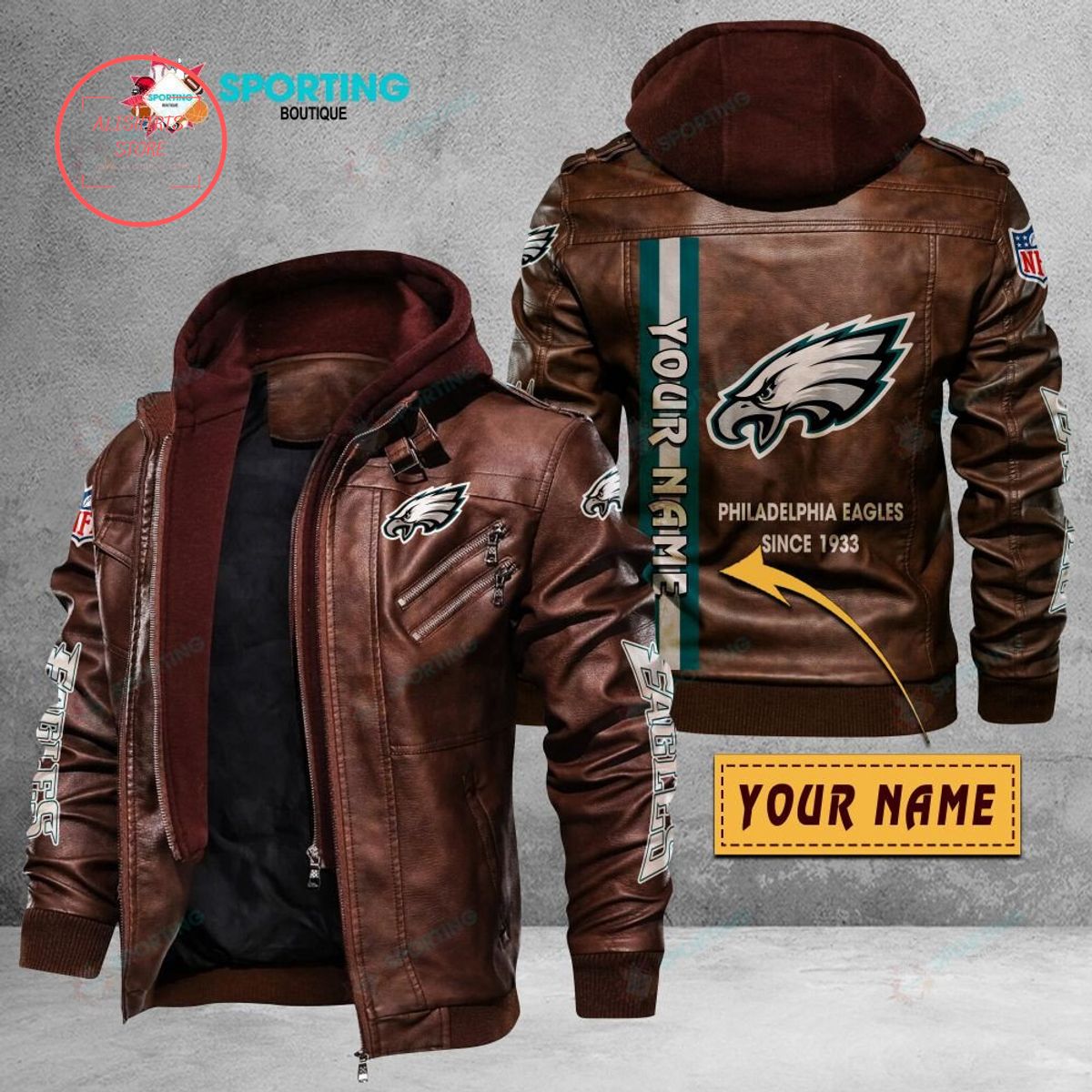 NFL Philadelphia Eagles Logo Custom name Leather Jacket Hooded Fleece For Fan