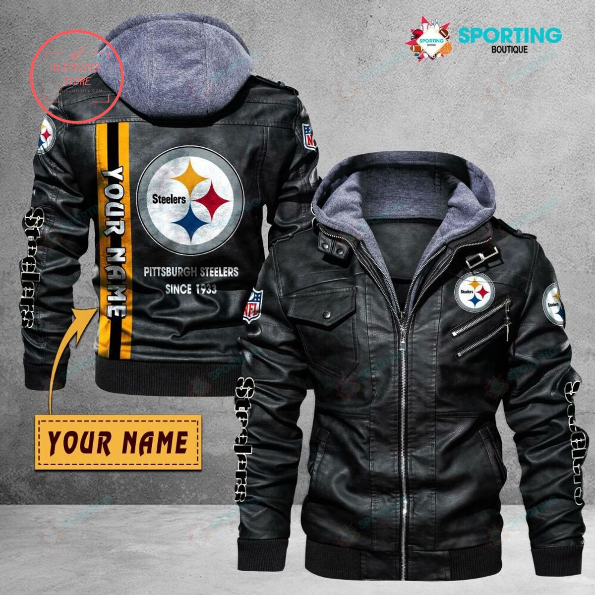 NFL Pittsburgh Steelers Logo Custom name Leather Jacket Hooded Fleece For Fan
