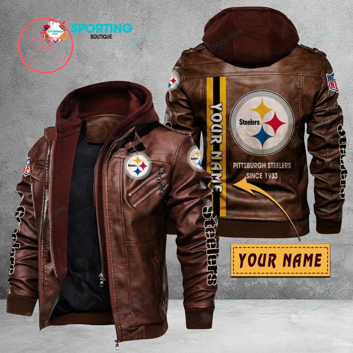 NFL Pittsburgh Steelers Logo Custom name Leather Jacket Hooded Fleece For Fan