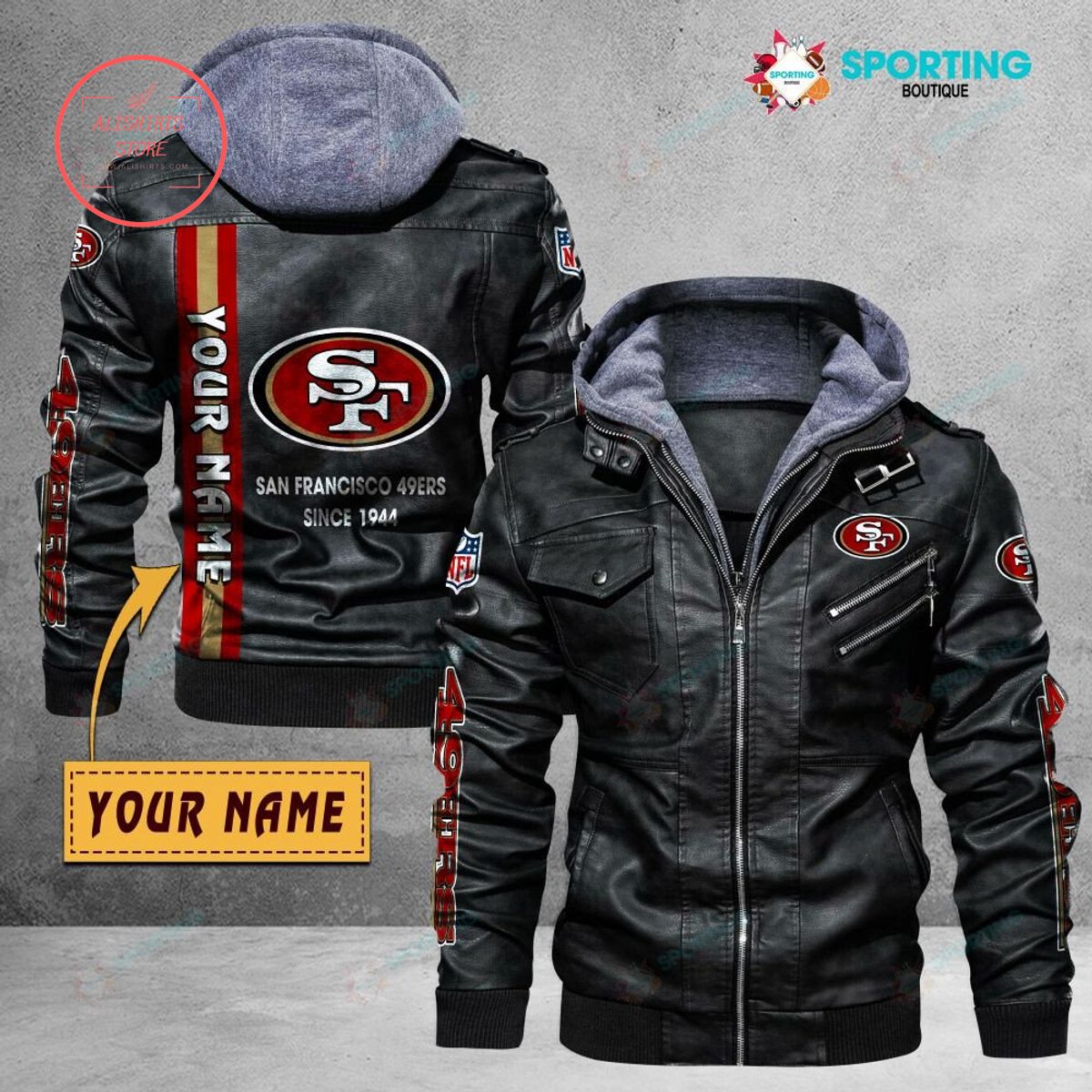 NFL San Francisco 49ers Logo Custom name Leather Jacket Hooded Fleece For Fan