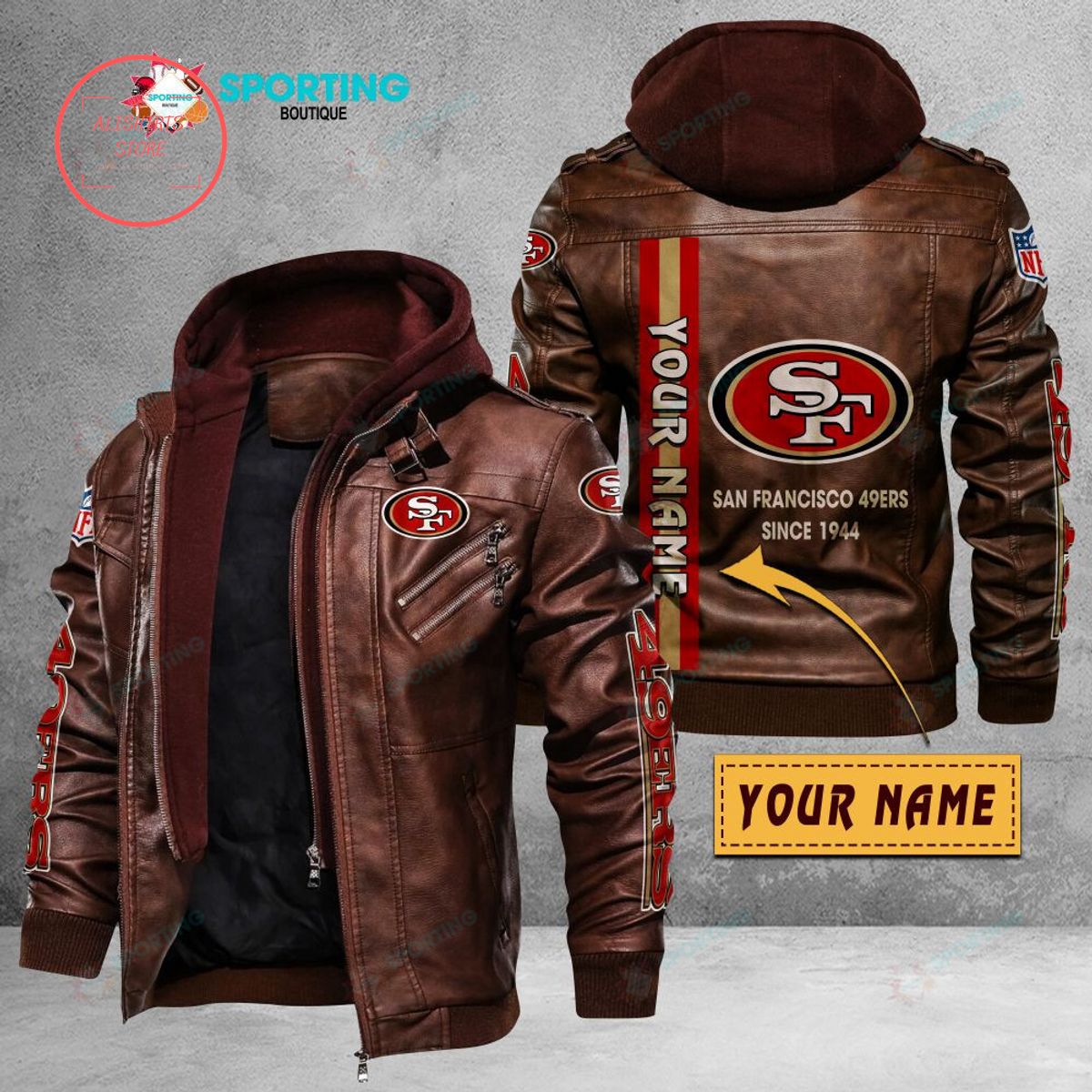 NFL San Francisco 49ers Logo Custom name Leather Jacket Hooded Fleece For Fan