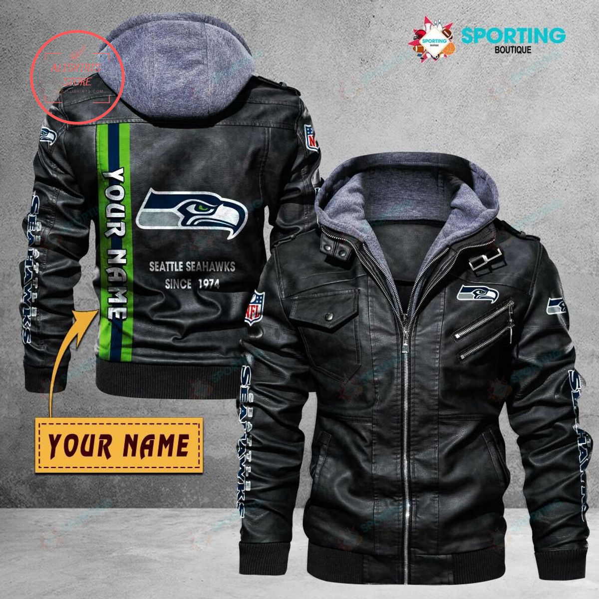 NFL Seattle Seahawks Logo Custom name Leather Jacket Hooded Fleece For Fan