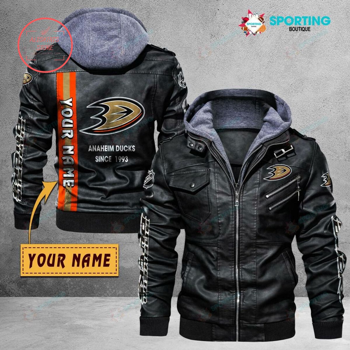 NHL Anaheim Ducks Logo Custom name Leather Jacket Hooded Fleece For Fan