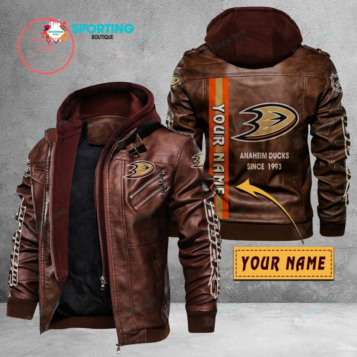 NHL Anaheim Ducks Logo Custom name Leather Jacket Hooded Fleece For Fan