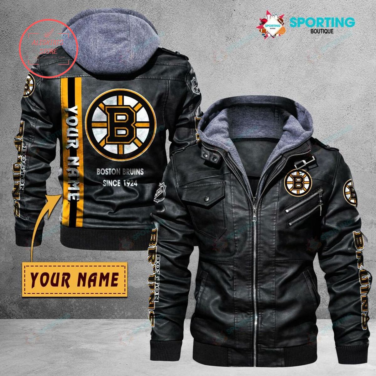 NHL Boston Bruins Logo Custom name Leather Jacket Hooded Fleece For Fan