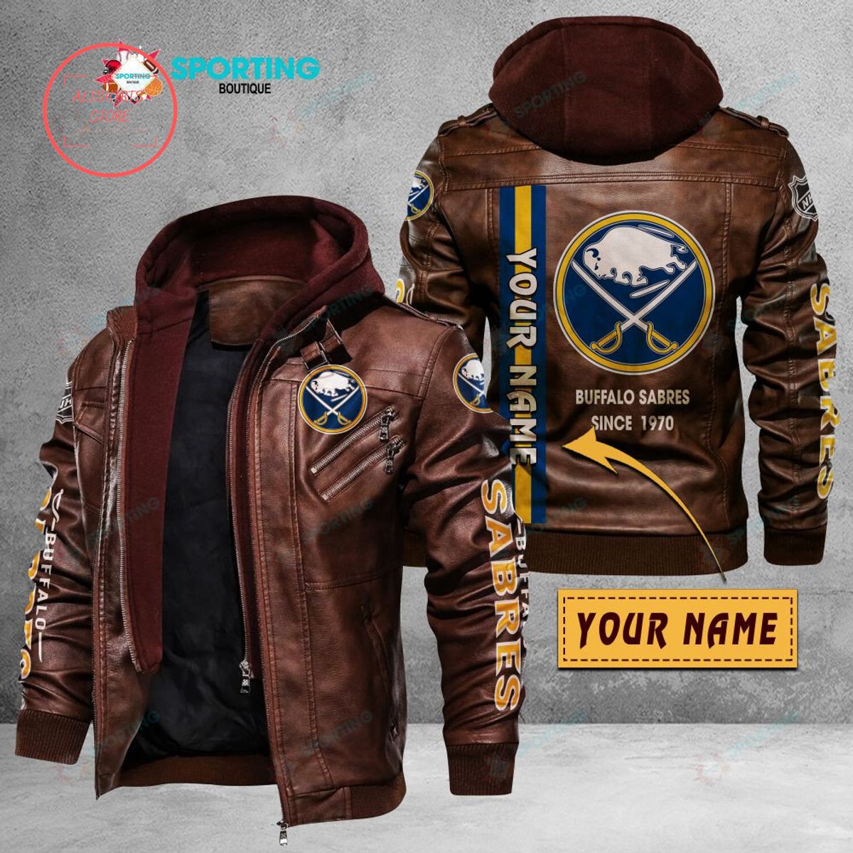 NHL Buffalo Sabres Logo Custom name Leather Jacket Hooded Fleece For Fan