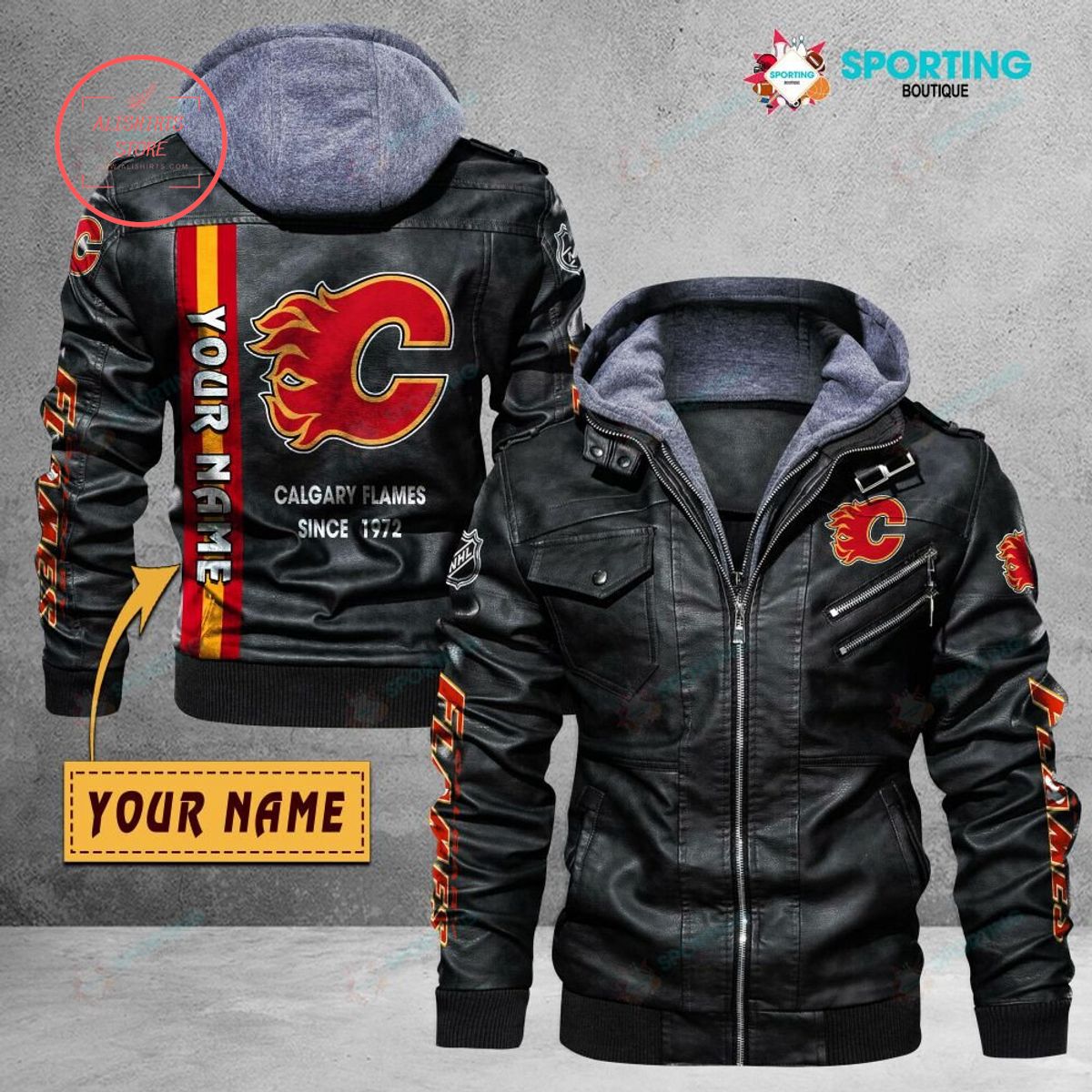 NHL Calgary Flames Logo Custom name Leather Jacket Hooded Fleece For Fan