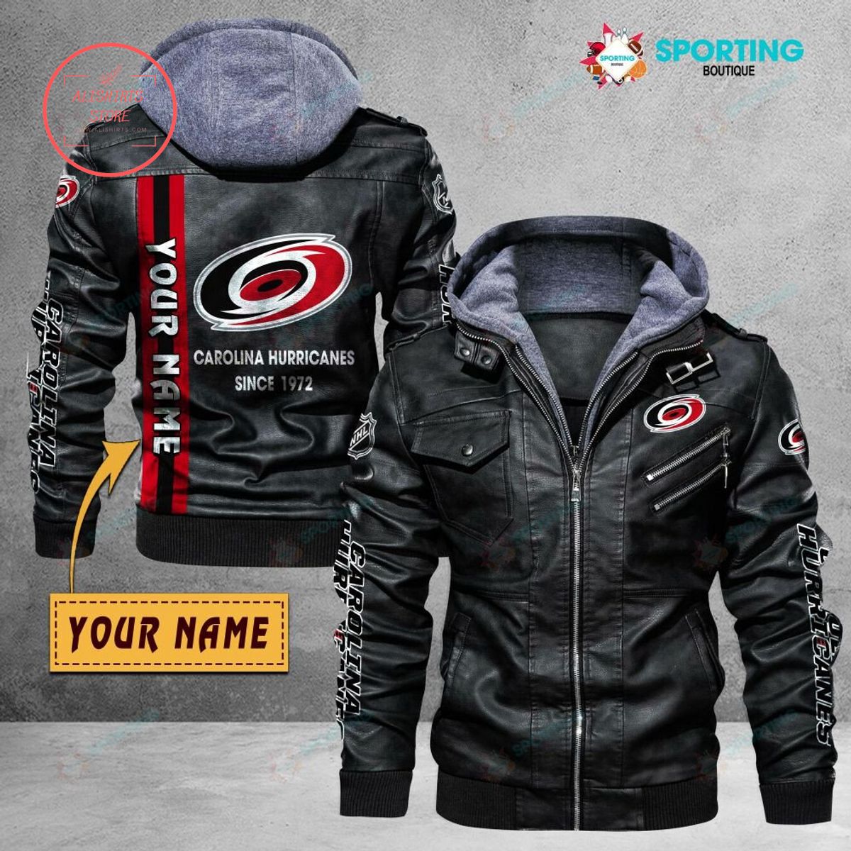 NHL Carolina Hurricanes Logo Custom name Leather Jacket Hooded Fleece For Fan