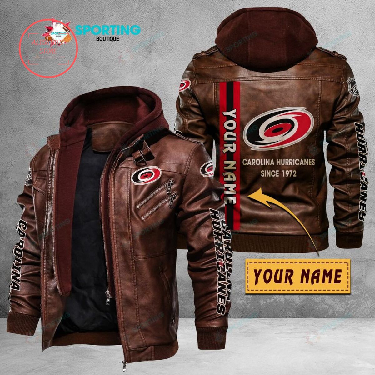 NHL Carolina Hurricanes Logo Custom name Leather Jacket Hooded Fleece For Fan