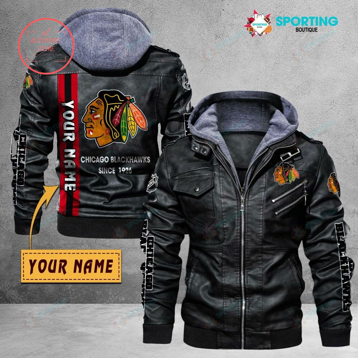 NHL Chicago Blackhawks Logo Custom name Leather Jacket Hooded Fleece For Fan