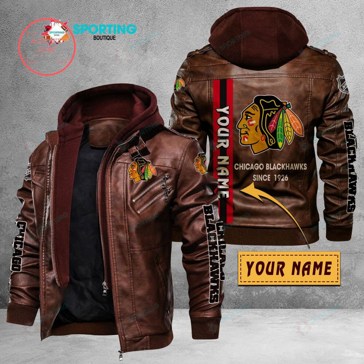 NHL Chicago Blackhawks Logo Custom name Leather Jacket Hooded Fleece For Fan